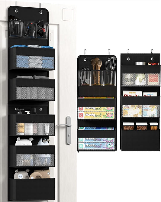 Over Door Organizer, 6 Shelf Camper Storage for RV Bathroom, Behind The Door Storage, Hanging Organizers for Toy Diaper Bedroom Closet (Black)