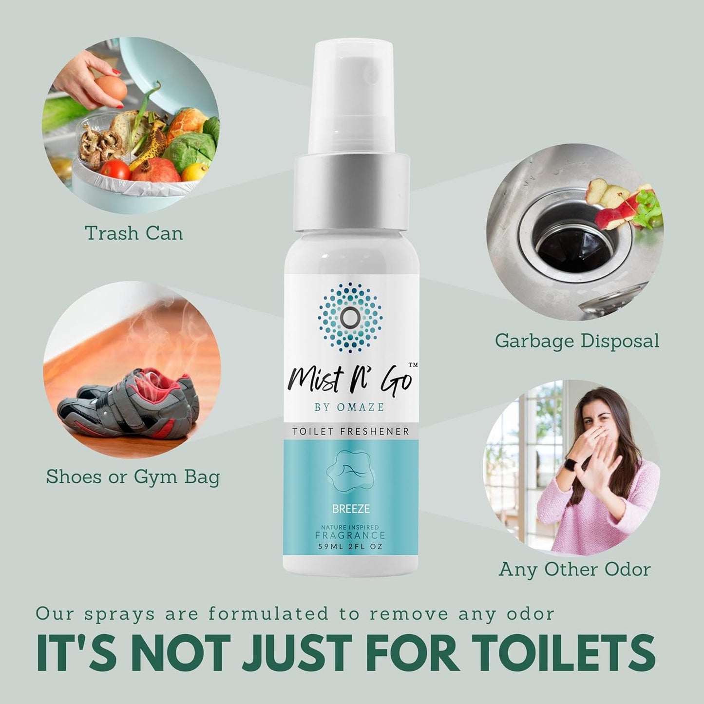 Mist N’ Go by Omaze Travel Bathroom Spray for Toilet Spray Odor Eliminator - Travel Toilet Spray for Bathroom Air Freshener Spray for Bathroom Deodorizer - Breeze Regular Size (2oz x5)