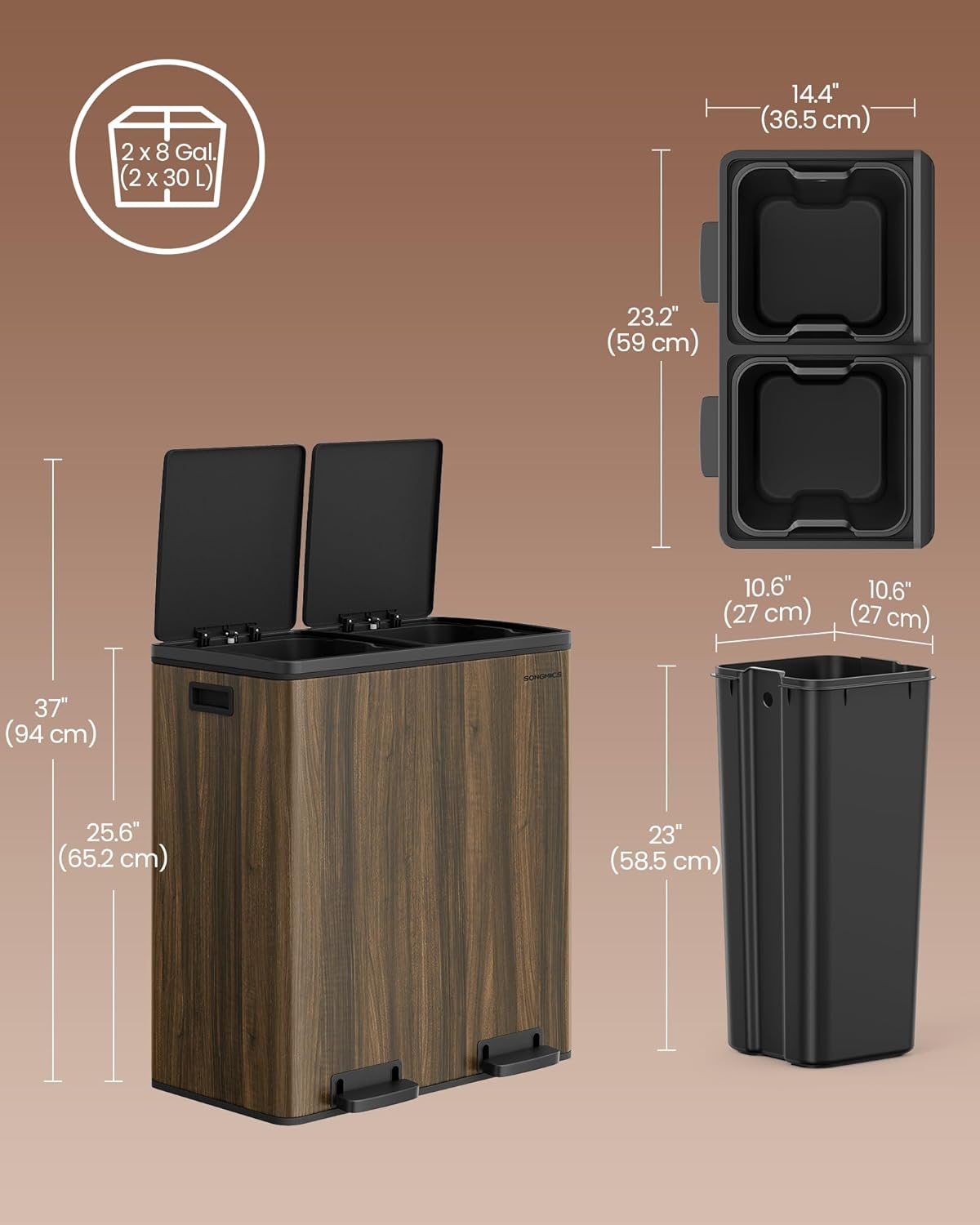 SONGMICS Trash Can, 2 x 8-Gallon Garbage Can for Kitchen, with 15 Trash Bags, 2 Compartments, Plastic Inner Buckets and Hinged Lids, Airtight, Dark Walnut ULTB060N02V1