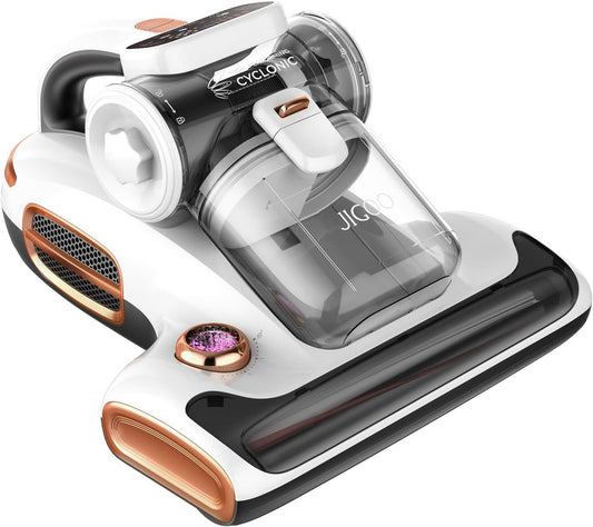 JIGOO T600 Mattress Vacuum Cleaner with UV-C Light, 15Kpa Suction 700W Powerful Double-Cup Handheld Vacuums, Bed Cleaner with Smart Dust Sensor, Ultrasonic, Heating Tech, MIF Filter, White