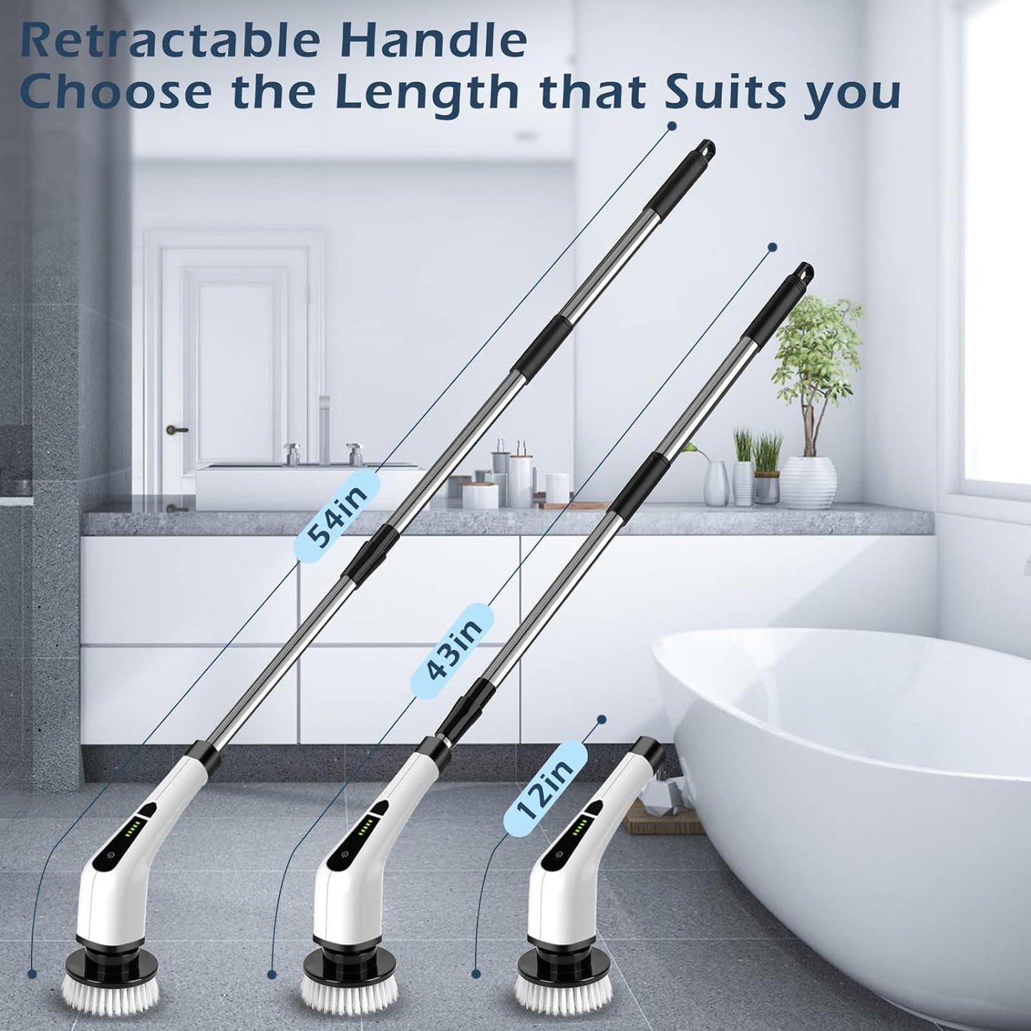 Electric Spin Scrubber, Cordless Cleaning Brush Scrubber for Home, 8 Replaceable Brush Heads-90Mins Work Time, 3 Adjustable Size, 2 Speeds for Bathroom Shower Bathtub Glass Car
