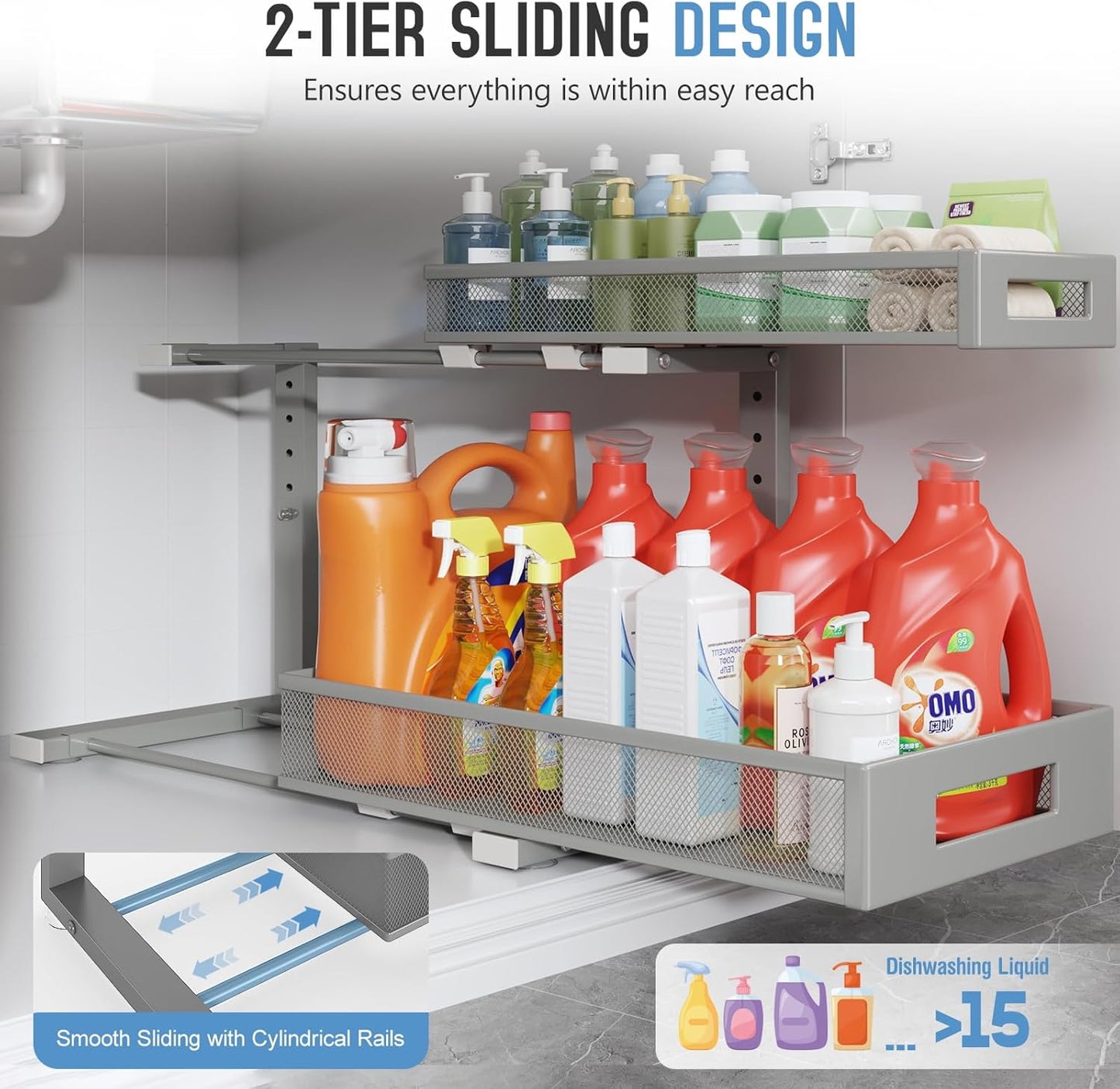 1 Pack 19IN Depth Under Sink Storage Organizer, Large 2-Tier Elegant Mesh Pull Out Shelf for Kitchen and Bathroom Cabinet Organization, L-Shaped and Adjustable Height Design-Gun Gray