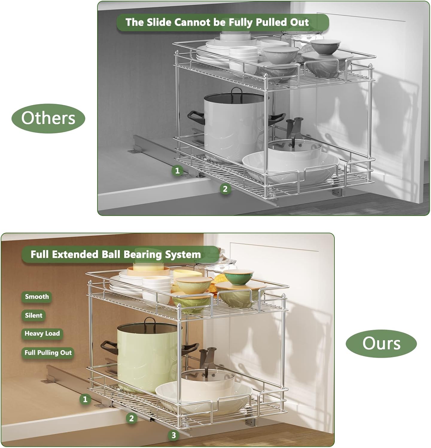ROOMTEC Pull Out Cabinet Organizer 20" W x 21" D, Kitchen Cabinet Organizer and Storage 2-Tier Cabinet Pull Out Shelves Under Cabinet Storage for Kitchen Chrome