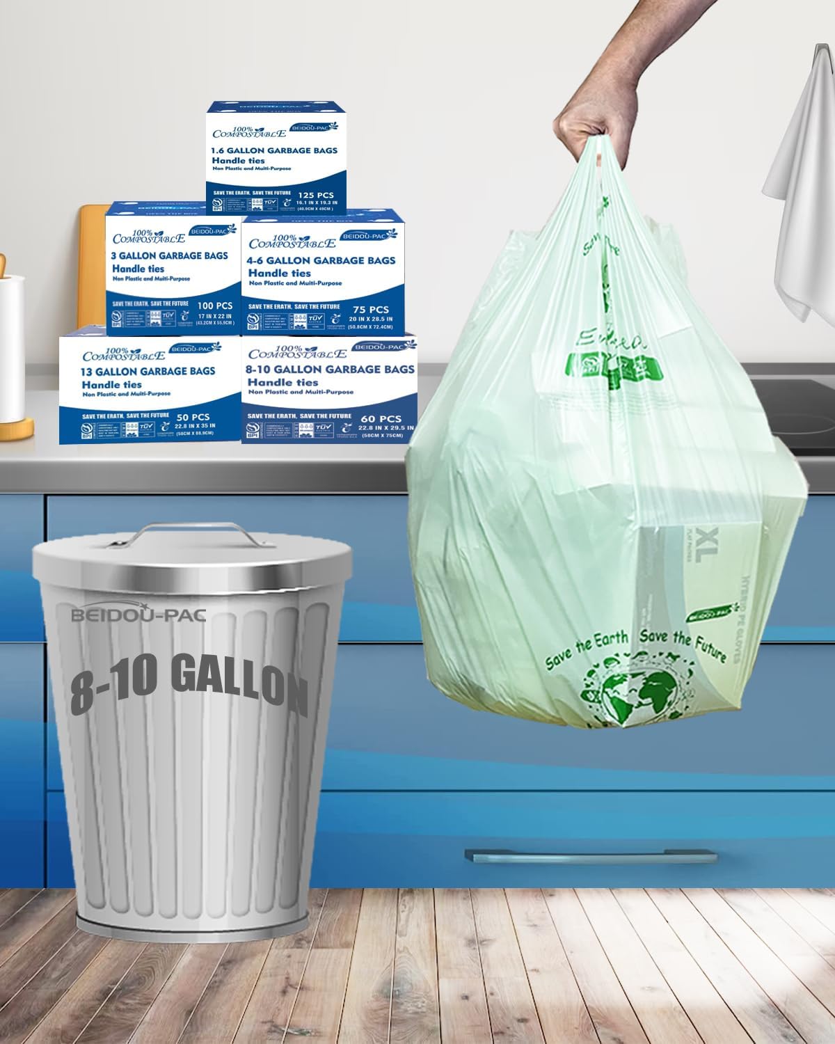 8-10 Gallon Compostable Trash Bags, 120 Count, Compost Bags Kitchen Trash Bags with Handle, Sturdy Biodegradable Garbage Bags Food Scrap Waste Bags, ASTM D6400, US BPI Certified