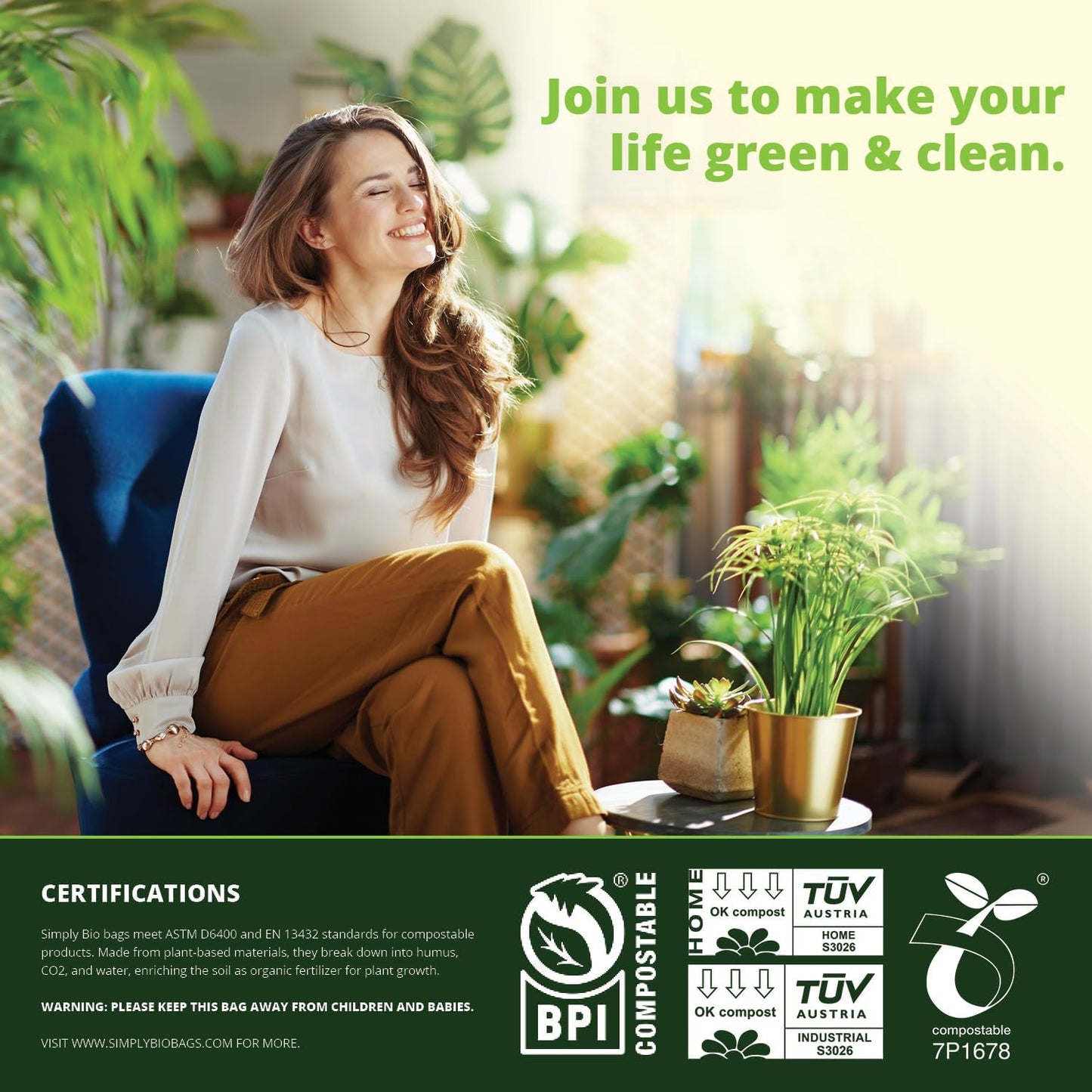 Simply Bio 13 Gallon Compostable Trash Bags Liners with Handle-Tie, Thick 0.87 Mil, 49.21 Liter, 30 Bags, Tall Kitchen Food Scrap Waste Bag, ASTM D6400, US BPI and OK Compost Home Certified