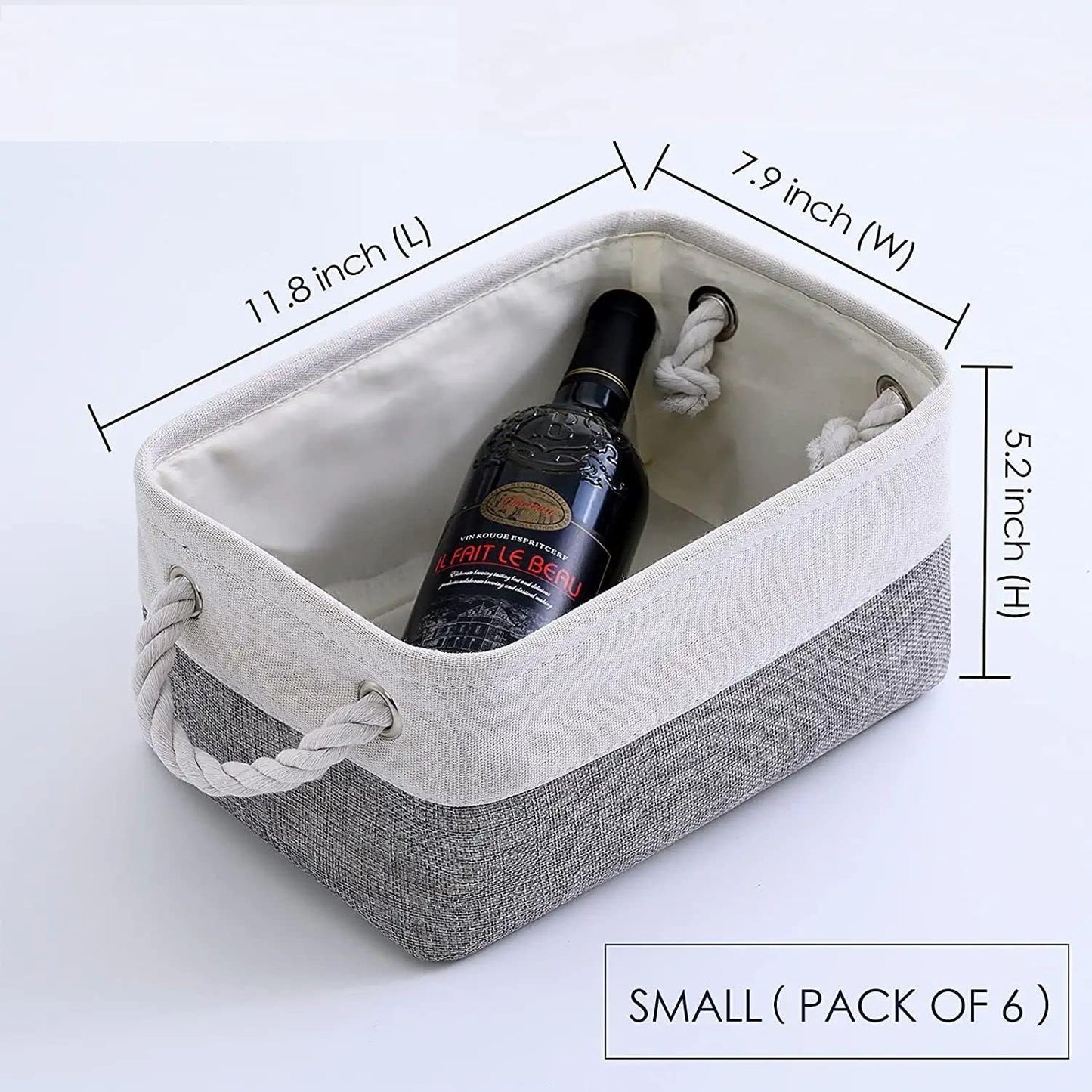 TcaFmac Small Storage Baskets for Shelf 6 Pack Canvas Storage Basket with Handles Fabric Storage Basket for Organizing Storage Bin (White and Grey, 12x8x5")