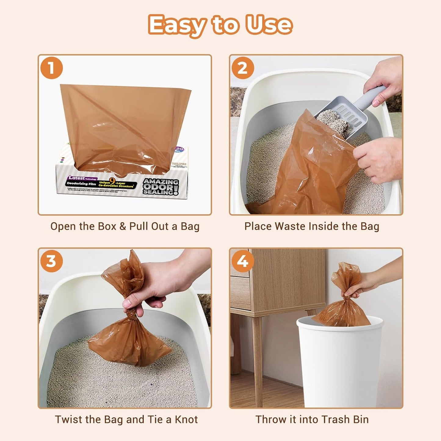 Odor Sealing Small Trash Bags Home & Food Use XS-220 Count Disposable Bags, Durable and Unscented (Color:Brown)