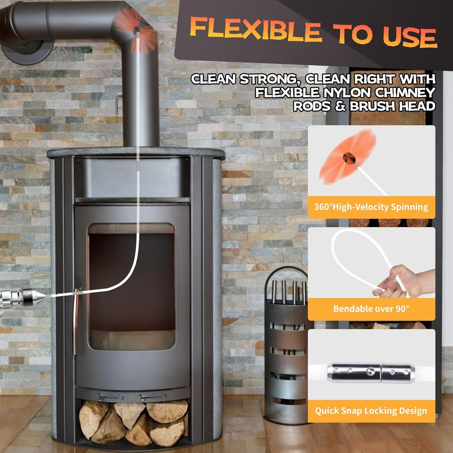 30 Feet Chimney Sweep Kit, Chimney Cleaning Kit with 9 Flexible White Chimney Rods, Chimney Brush for Sweeping Fireplace, Rotary Chimney Cleaning System Driven by Drill