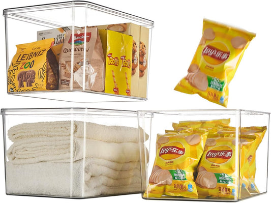 Clear plastic storage bins with LIDS-3packs,storage containers for snacks, cosmetics, books, dog food, Storage Organizer for Nursery，Kitchen, Living room,Bedroom, Bathroom, Office