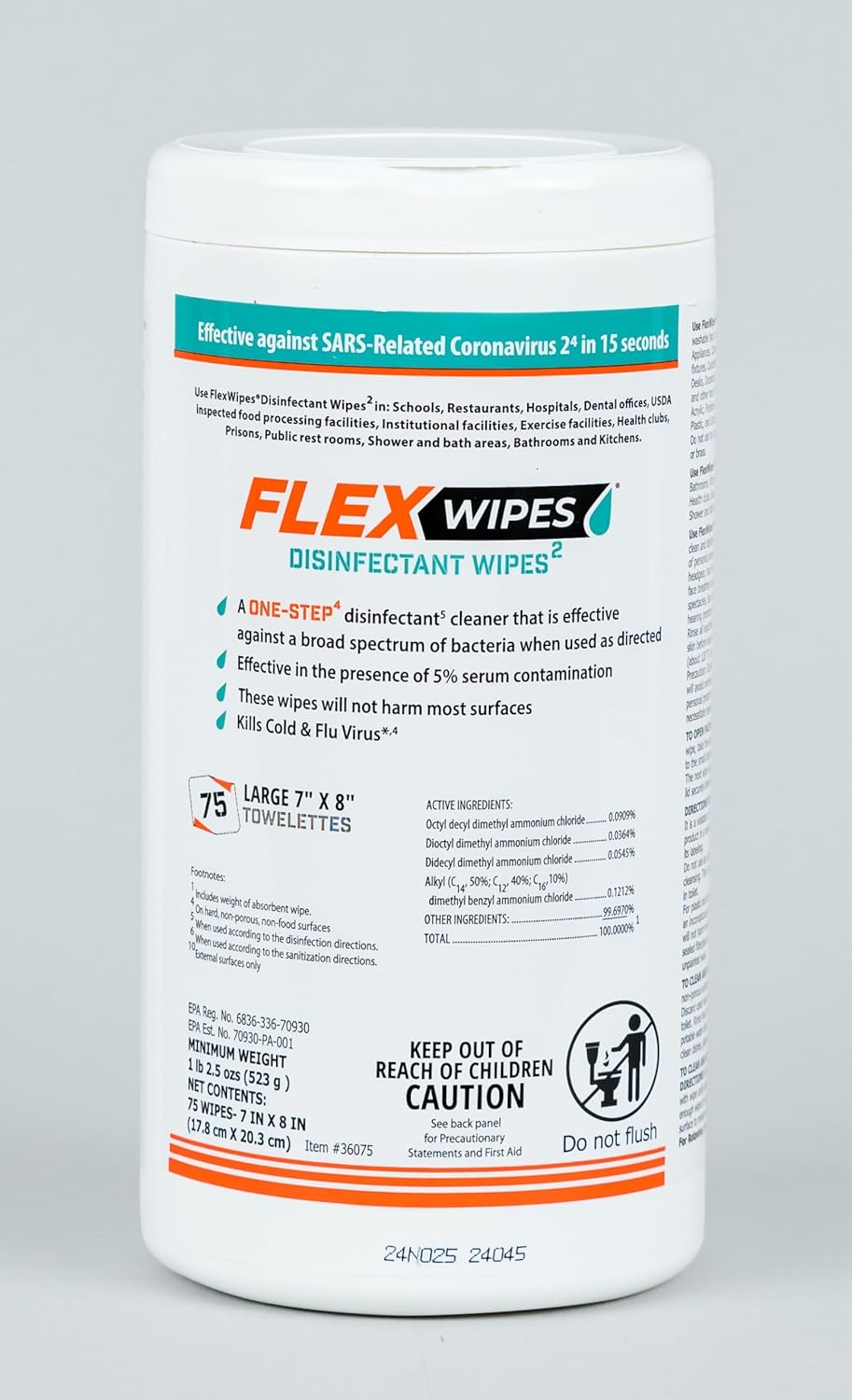 Flex Wipes Disinfectant Wipe 20075, Includes Six (6) 75-count Canisters, 8" x 6" wipes