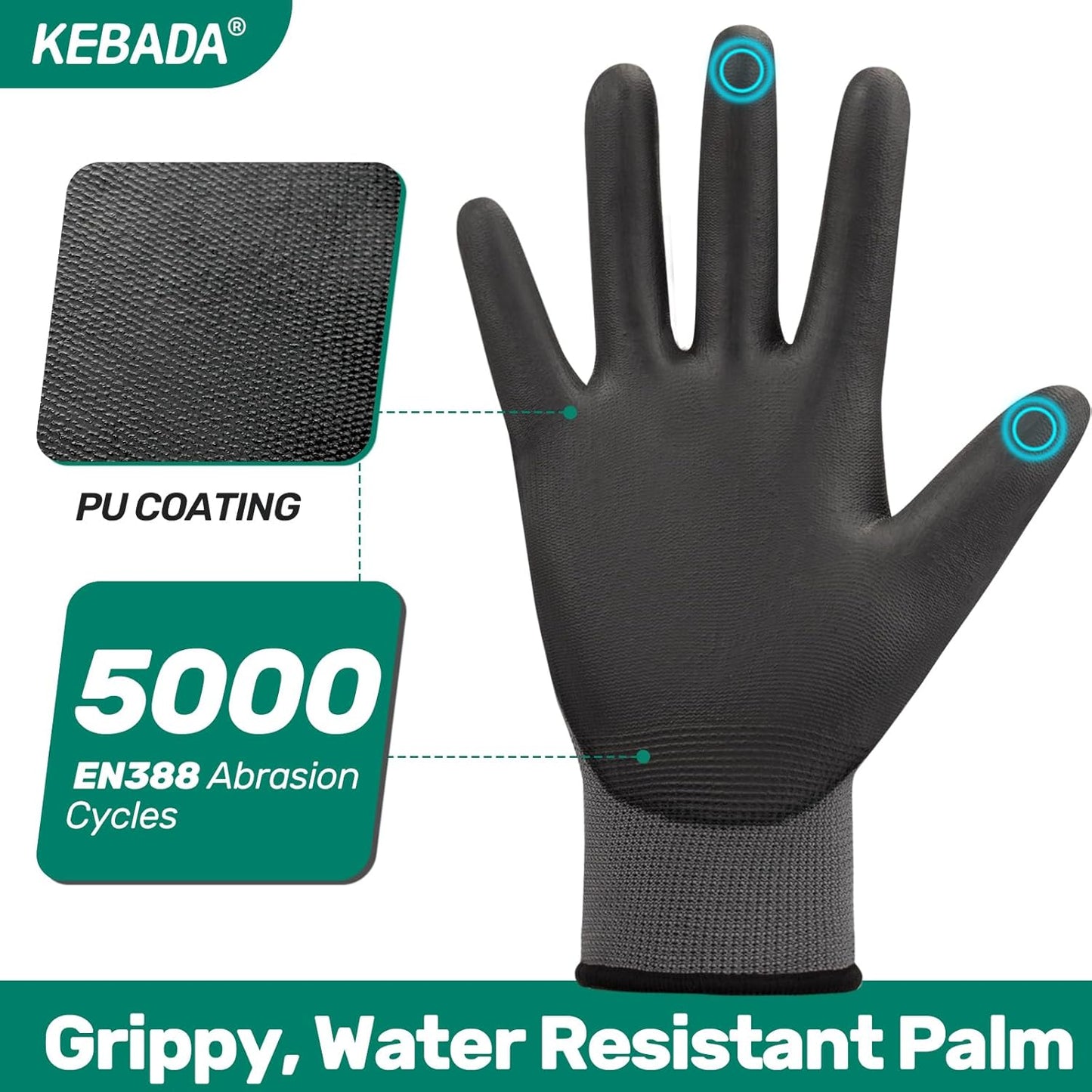 Kebada W1 Work Gloves for Men and Women, PU Coated Safety Gloves with Grip, Touchscreen, Ideal for Warehouse Package Handling, Construction, Gardening, 12 Pairs, Gray X-Small