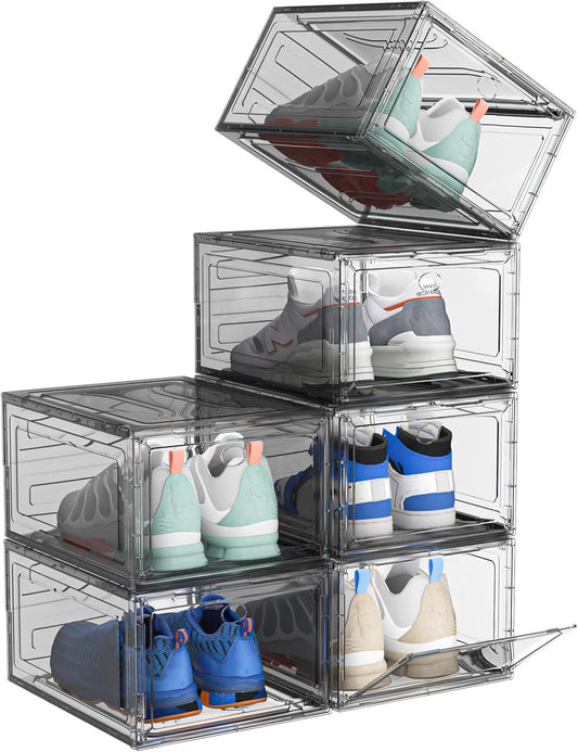 Upgrade Harder Solid Plastic Shoe Organizer, Shoe Storage with Magnetic Front Door, Shoe Rack 6 Pack Shoe Boxes Clear, Sneaker Storage, Shoe Organizer for Closet, Shoe Display Case, Black