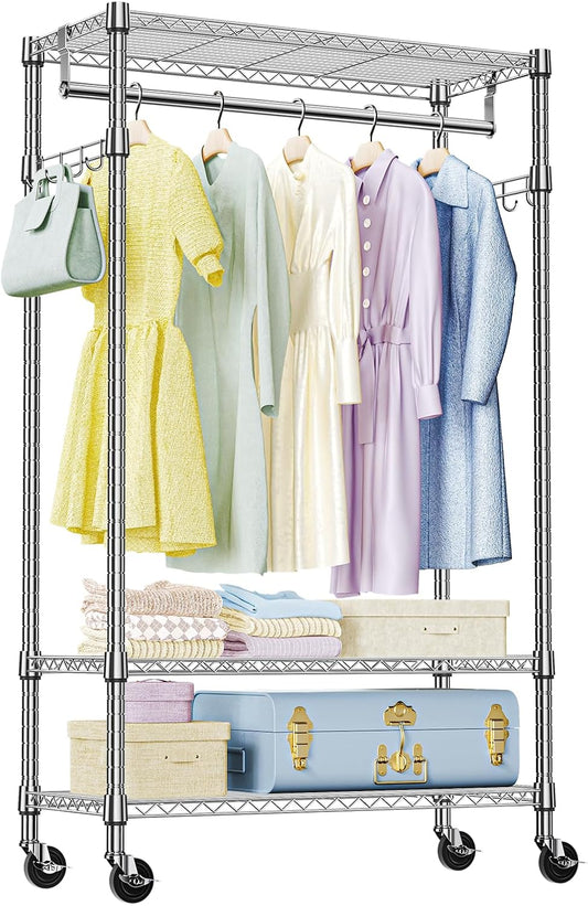 IZEUK Heavy Duty Rolling Garment Rack with 3 Adjustable Wire Shelves, Hanging Rod & Side Hooks - Mobile Clothes Rack with Wheels, 29.5" W x 15.7" D x 75" H,Chrome