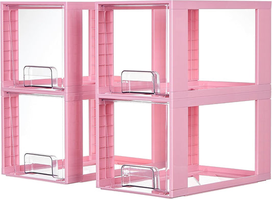 Vtopmart 4 Pack Large Stackable Storage Drawers,Pink,Easily Assemble Acrylic Bathroom Closet Undersink Organizers and Storage,Plastic Bins for Kitchen Cabinets,Pantry,Makeup,Medicine Organization