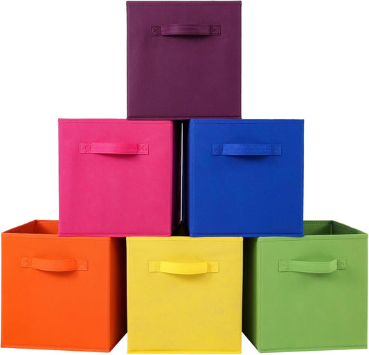 Stero 13x13x13 Inch Fabric Storage Bins 6 Pack Fun Colored Durable Storage Cubes with Handles Foldable Cube Baskets for Home, Kids Room, Closet and Toys Organization Orange-Multi Colors-1