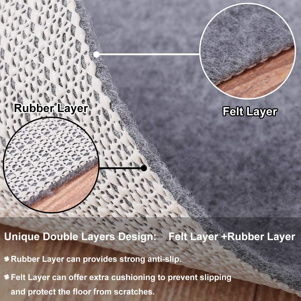 Non Slip Rug Pad Grippers - 2x8, 1/8" Thick, (Felt + Rubber) Double Layers Area Carpet Mat Tap, Provides Protection and Cushioning for Hardwood or Tile Floors