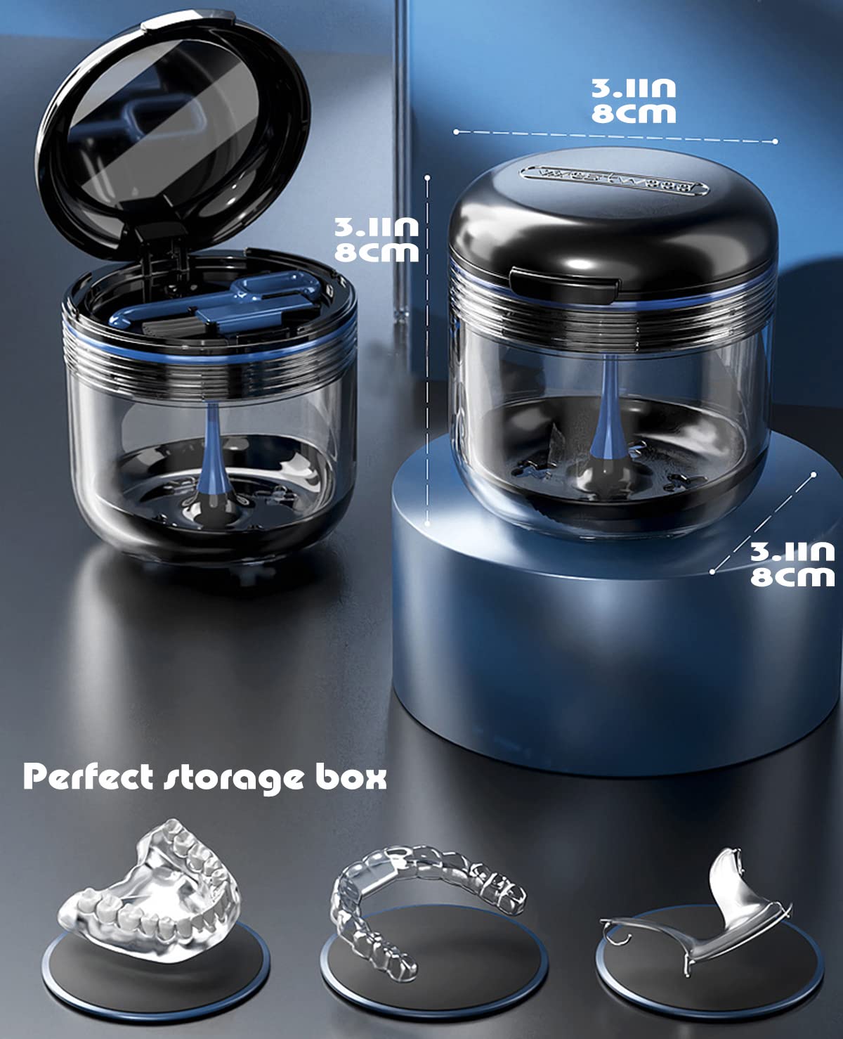 MURRI&MURRDI Denture Bath Case Holder with Mirror & Strainer Basket, Retainer Mouth Guard Soak Container Box, Braces Cleaner Cup, Travel Storage for Dentures, Retainers & Aligners (Dark Blue)