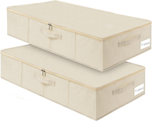 Under Bed Storage, 2 Pack Clothing Storage Bags W/Upgraded Handles, Large Capacity Underbed Shoe Container Organizer, Breathable Dorm Essentials Bins for Blanket, Pillows, Comforters & Quilts, Beige