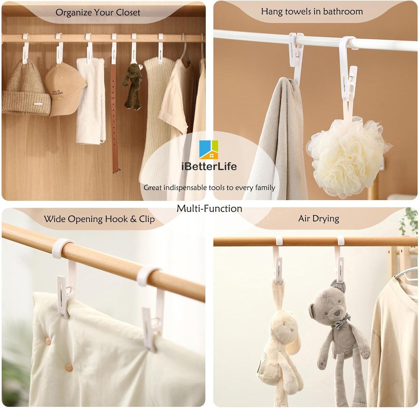 iBetterLife Clothes Pins Heavy Duty Outdoor - 4 Pcs Large Laundry Hook Hangers with Clips Closet Organizer Clamps Hanging Socks Boot Bras Towels Shower Pegs for Bathroom Wardrobe Kitchen Office, Black