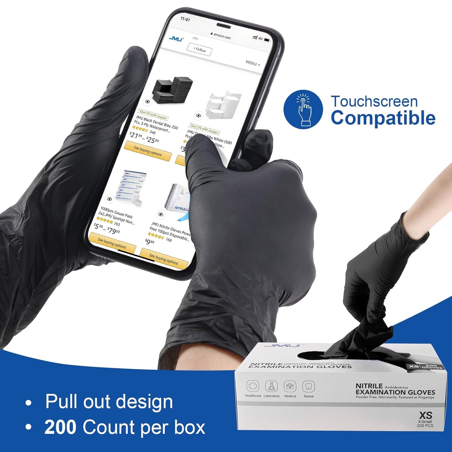 JMU Black Nitrile Gloves Small, 200 Count, Disposable Gloves Latex Free Powder Free, 3.5Mil Nitrile Medical Exam Gloves