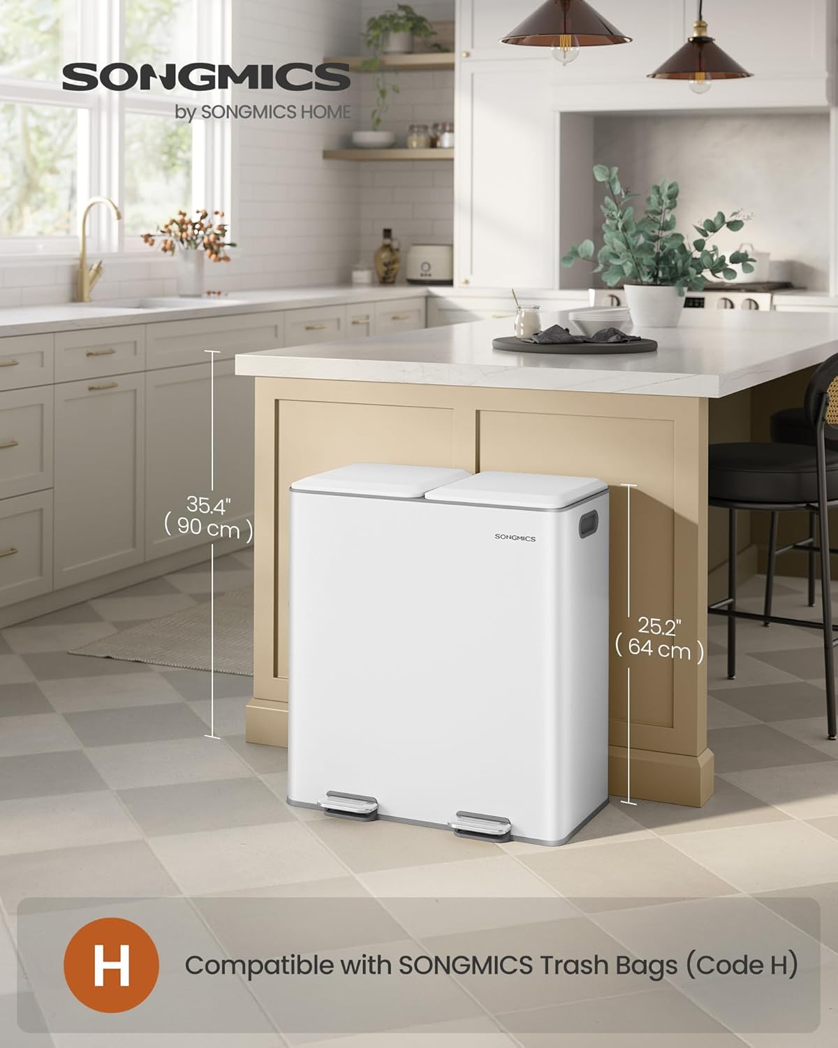 SONGMICS Trash Can, 2 x 8 Gallon (2 x 30 L) Double Garbage Can with Soft-Close Lids, Removable Inner Buckets, Pedals, Stainless Steel, for Waste and Recycling, Cloud White ULTB743W01