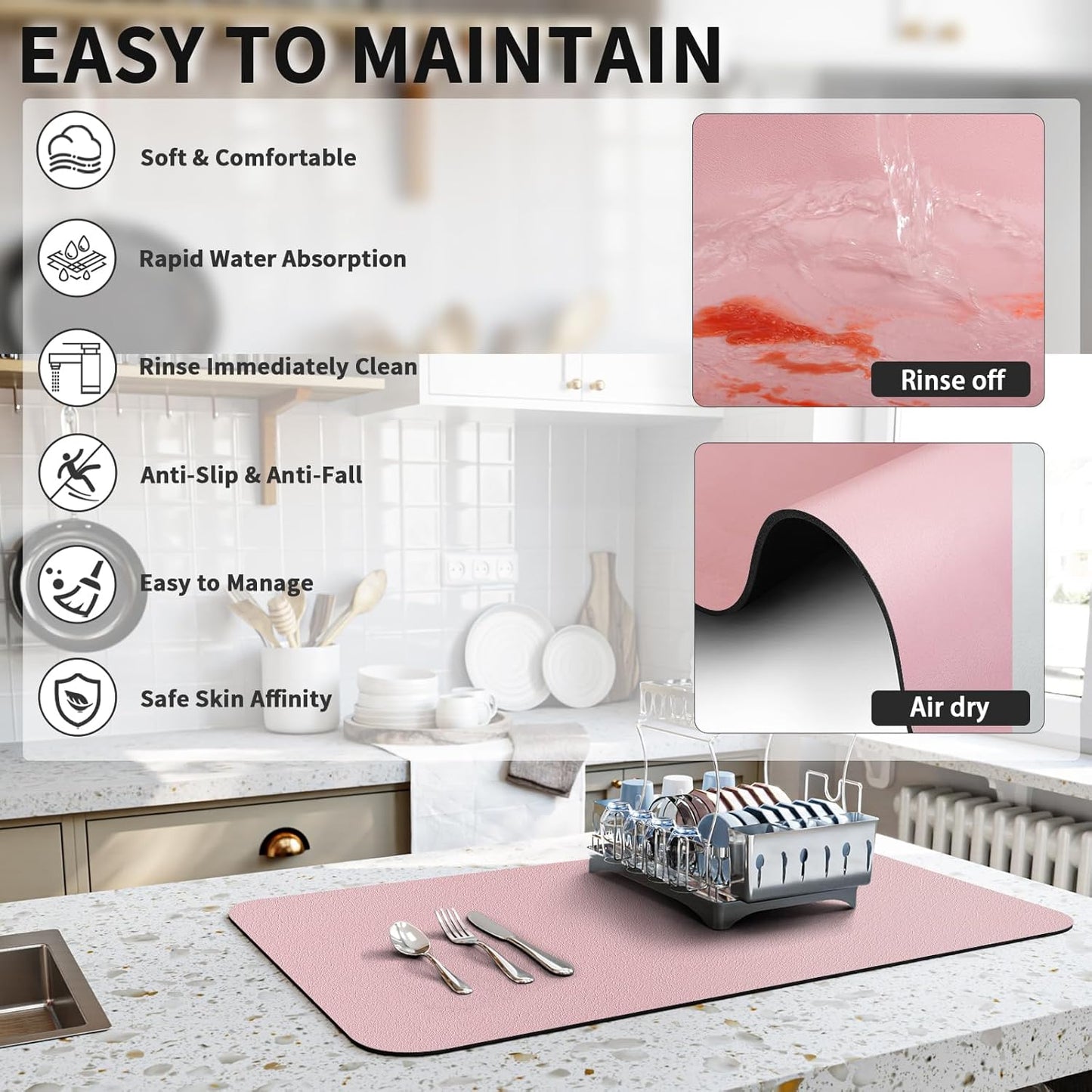 Dish Drying Mat for Kitchen Counter, Heat Resistant Drainer Mats with Non-slip Rubber Backed, Hide Stain Kitchen Super Absorbent Draining Mat, Easy to Clean Dish Rack Pad, Pink 16"x20"
