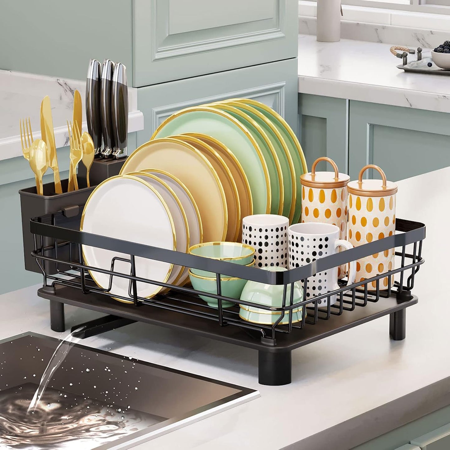 Iron Dish Drying Rack with Drainboard Dish Drainers for Kitchen Counter Extendable Spout Strainers with Utensil Holder and Knife Slots, Black