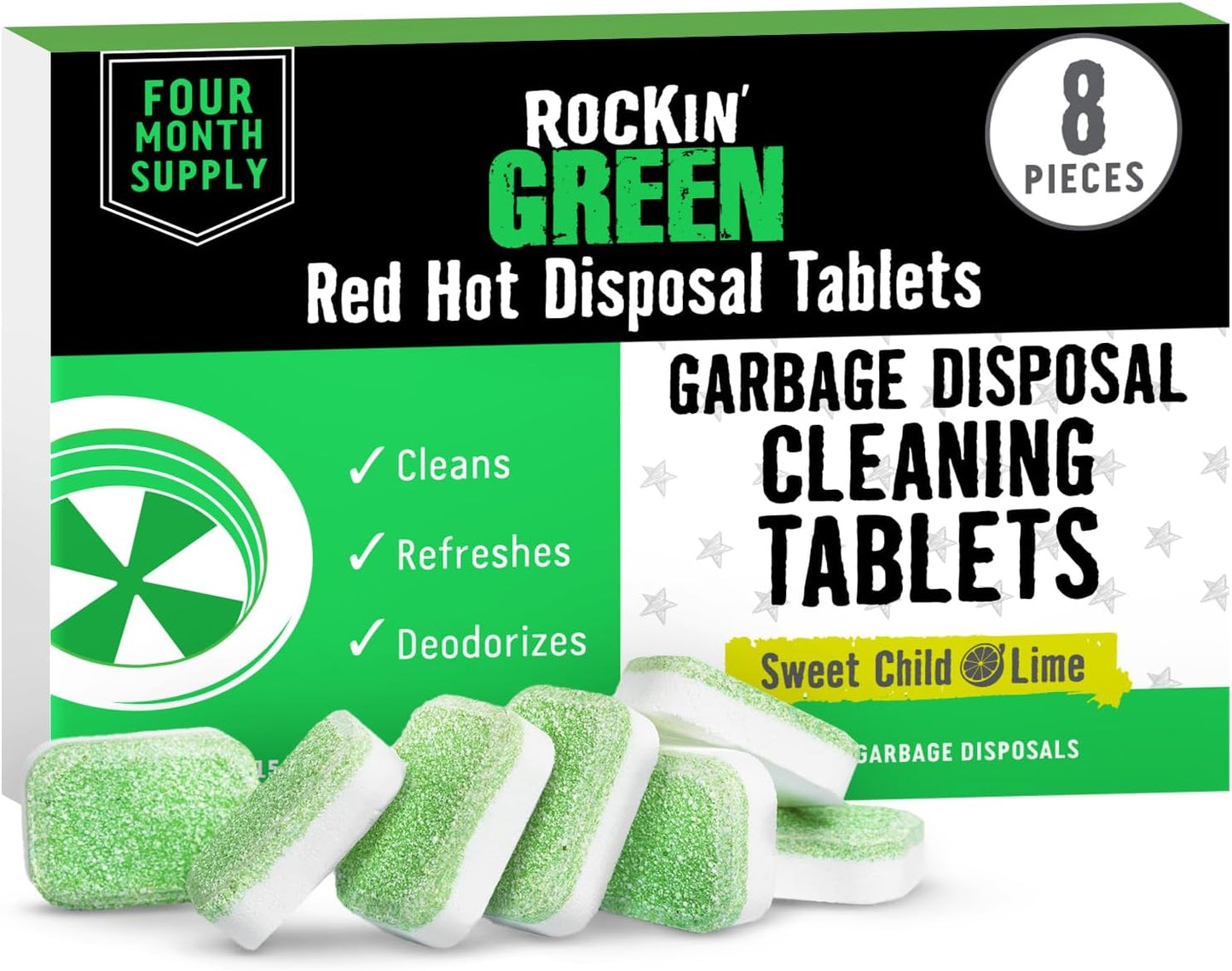 Rockin' Green Deep Cleaning and Deodorizing Tablets for Dishwashers, Washing Machines, and Garbage Disposals, Removes Odor and Residue (Garbage Disposal Cleaning Tablets, 8 Pack)