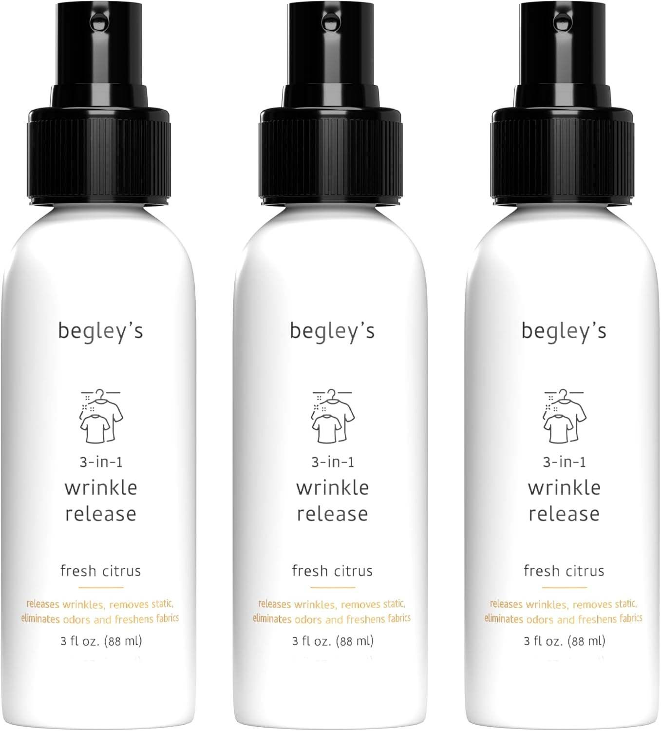 Begley's 3-in-1 Wrinkle Remover, Quick Fix Wrinkle Release, Static Cling Remover, Odor Eliminator and Fabric Refresher Spray - USDA Certified Biobased - Citrus, 3 oz Travel Size