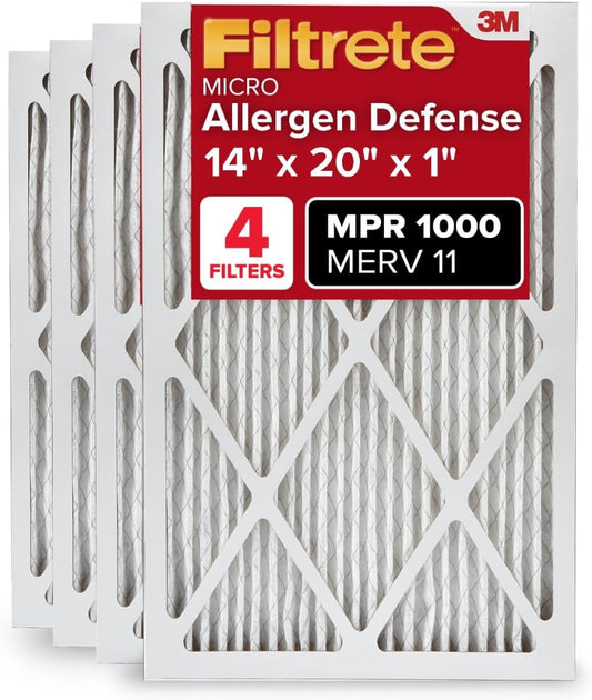 Filtrete 14x20x1 AC Furnace Air Filter, MERV 11, MPR 1000, Micro Allergen Defense, 3-Month Pleated 1-Inch Electrostatic Air Cleaning Filter, 4 Pack (Actual Size 13.81x19.81x0.81 in)