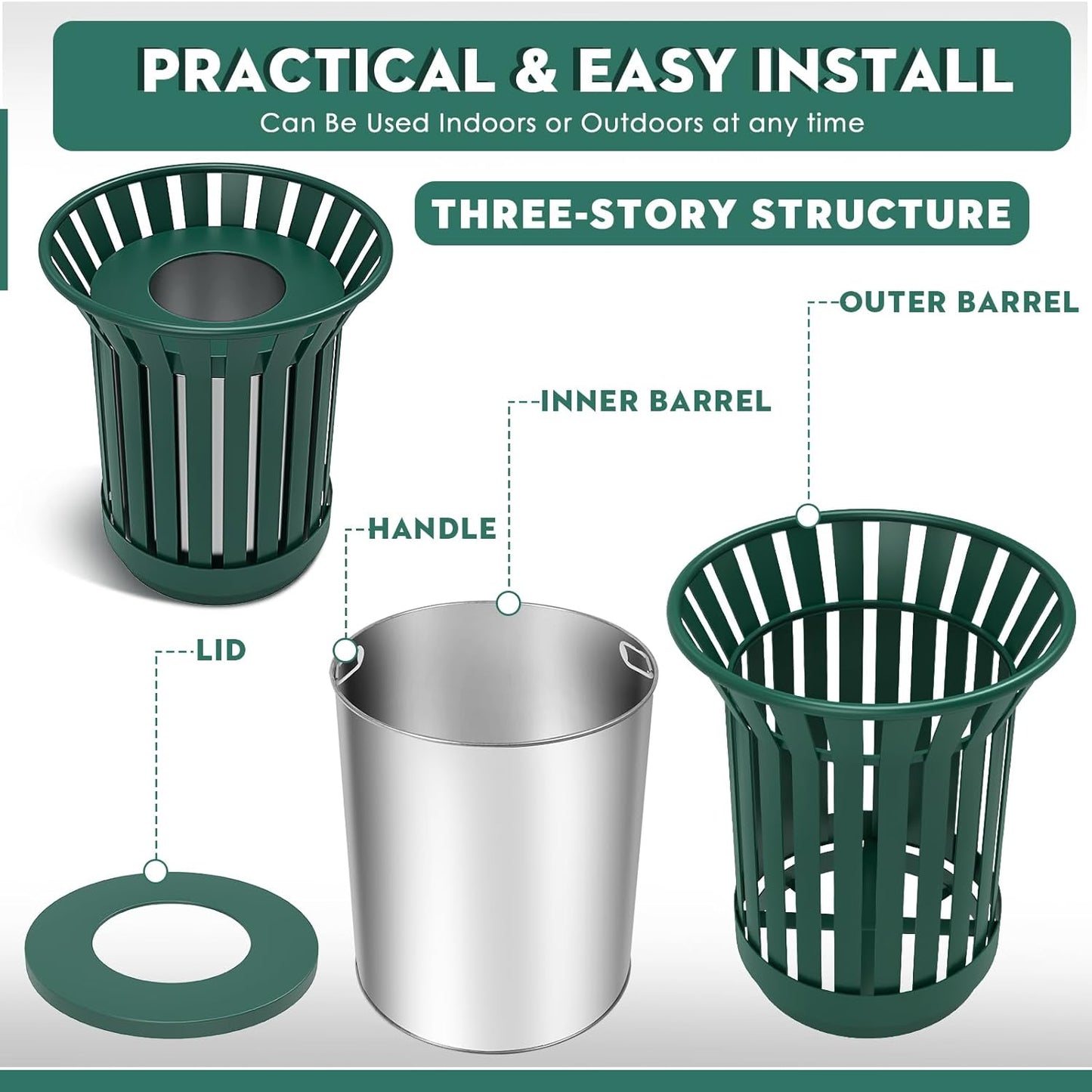 Round Heavy Duty Outdoor Trash Can, Large Metal Slatted Garbage Can for All Weather Resistant, Commercial Garbage Cans, Waste Receptacle in Park, Beach, Patio (Green, Medium)