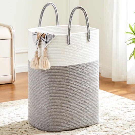 Laundry Basket,Woven Cotton Rope Laundry Hamper,Versatile Storage for Dirty Clothes,Baby Toys,and Blankets in Bathroom, Nursery,and Living Room (Grey, 80L)