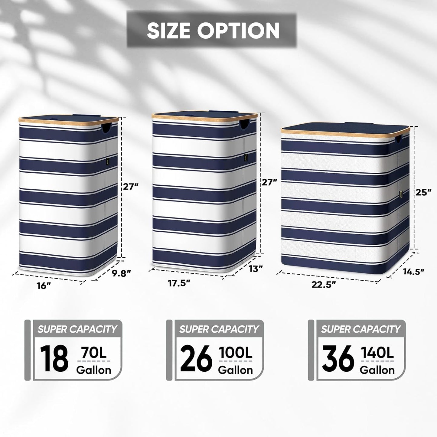 BALEINE Laundry Hamper with Lid, Tall Laundry Baskets with Bamboo Pull Handles, Large Laundry Bin with Internal Support (18 Gal/70L, Blue Stripe)