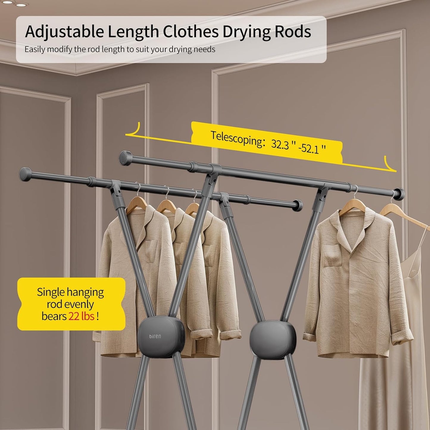 BIREN Clothes Drying Rack Heavy Duty Clothing Racks Extending Laundry Rack Two Drying Modes Garment Racks for Drying Clothes, Adjustable Length from 32-55 Inches for Indoor Outdoor Use