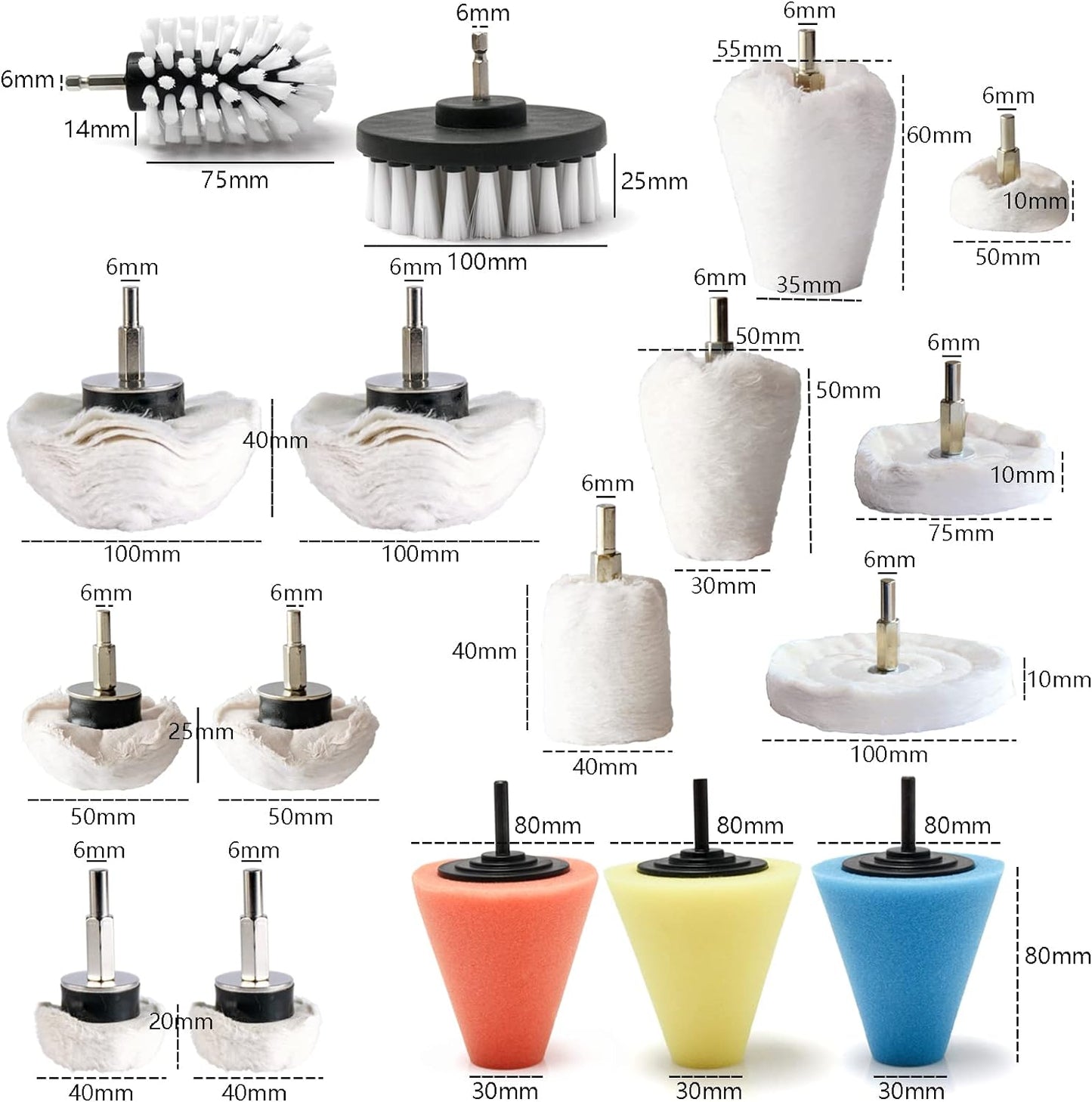 Polishing Pad Buffing Wheel Kit 17 Pack, for Drill for Metal Aluminum Stainless Steel Chrome Wood Plastic Ceramic Glass Woods Fabric Cotton Machine Jewelry etc