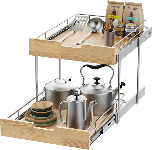 Pull Out Cabinet Organizer,Heavy-Duty Slide Out Shelf, Wood and Wire Basket, Pull Out Drawer for for Kitchen Under Sink Space, Pantry, Bathroom, 2 Tie 14 * 21 in