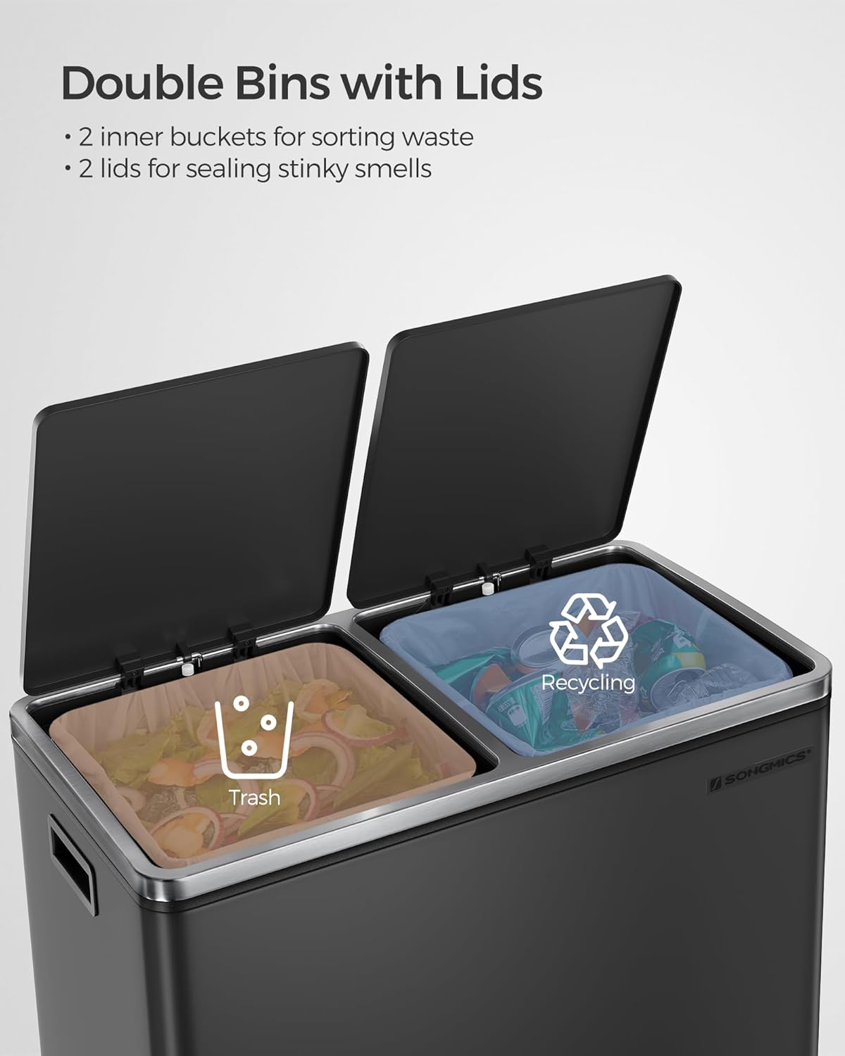 SONGMICS Trash Can, 2 x 8 Gallon (2 x 30 L) Garbage Can for Kitchen, with 15 Trash Bags, 2 Compartments, Plastic Inner Buckets and Hinged Lids, Airtight, Black ULTB60BK