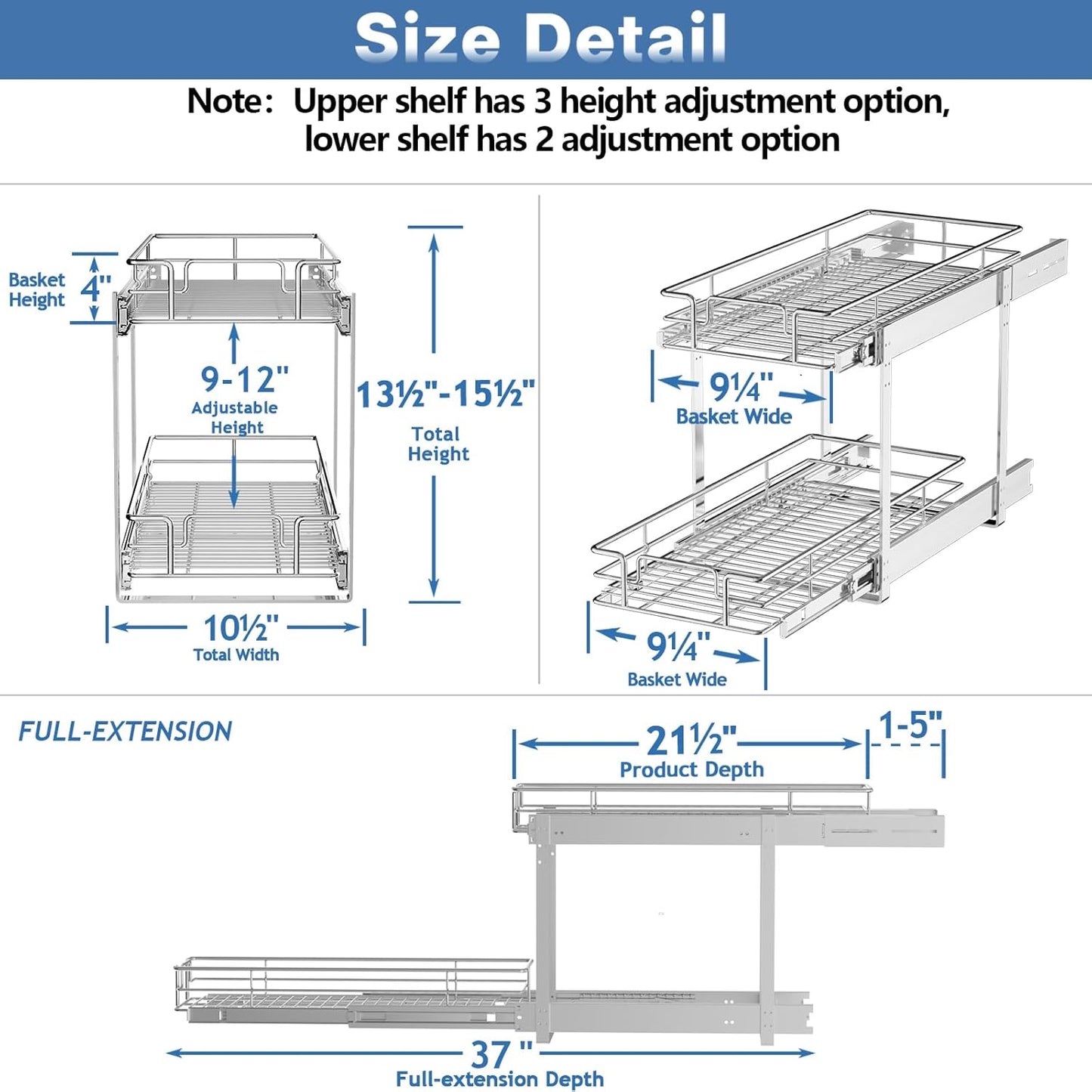 LOVMOR 2 Tier Individual Pull Out Cabinet Organizer 10½" W x 21½" D, Slide Out Kitchen Cabinet Storage Sliding Shelves