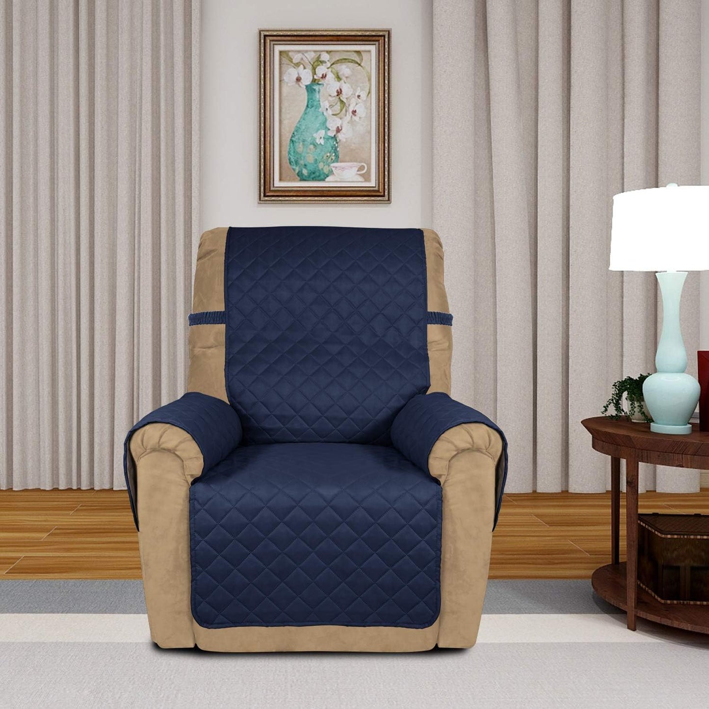 PureFit Reversible Quilted Sofa Cover, Water Resistant Slipcover Furniture Protector, Washable Couch Cover with Non Slip and Elastic Straps for Kids, Dogs, Pets (Small Recliner, Navy/Ivory)