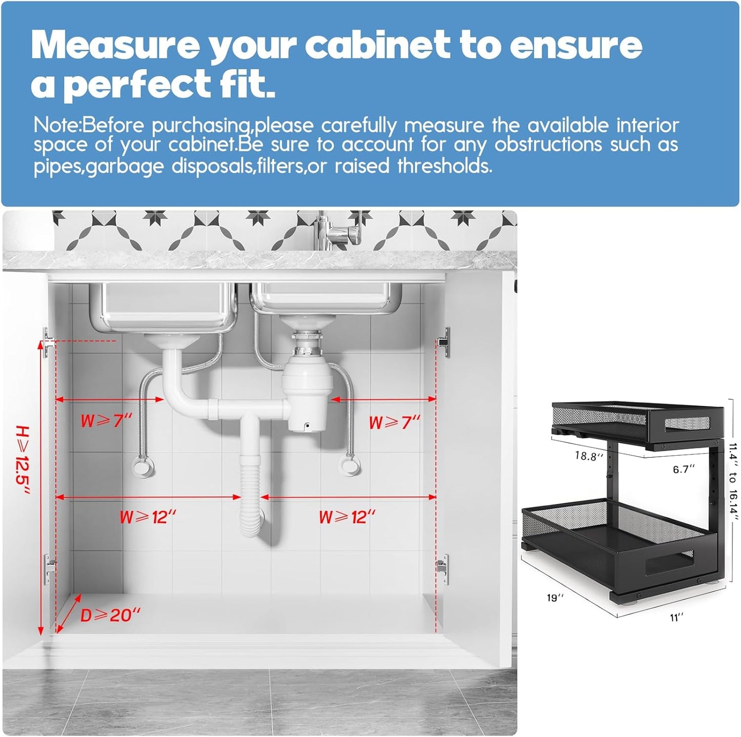 2 Pack 19IN Depth Under Sink Storage Organizer, Large 2-Tier Elegant Mesh Pull Out Shelf for Kitchen and Bathroom Cabinet Organization, L-Shaped and Adjustable Height Design-Black