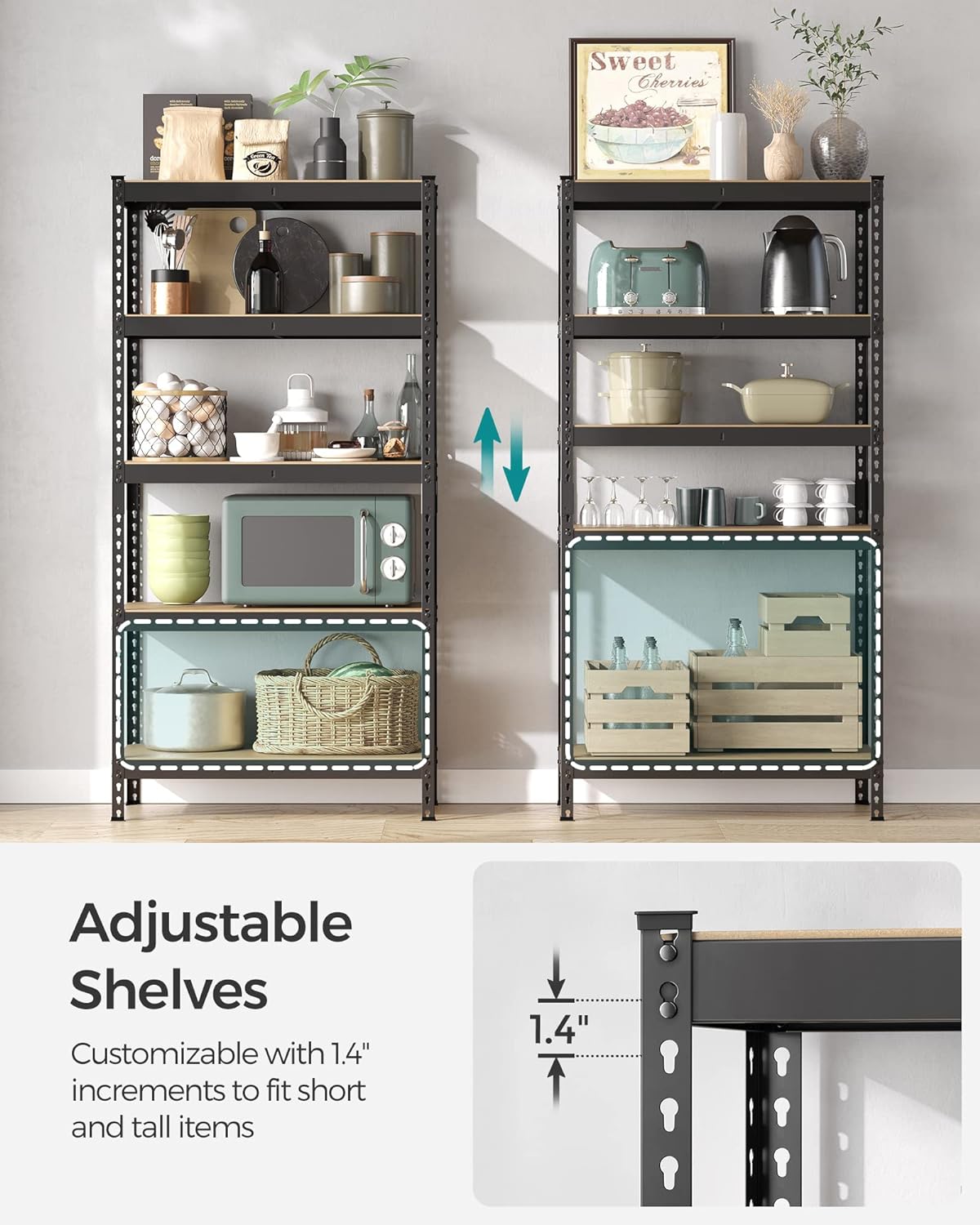 SONGMICS 5-Tier Storage Shelves, Load 2310 lb, Set of 2 Garage Storage, Boltless Assembly, Adjustable Shelving Unit, 17.7 x 35.4 x 70.9 Inches, for Study Shed Basement, Black UGLR450B02