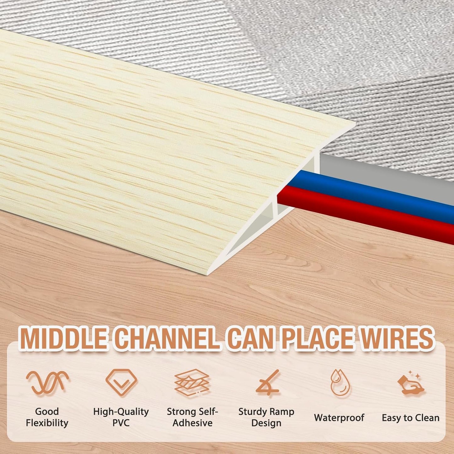 Floor Transition Strip Self Adhesive Vinyl Door Threshold for Doorways Carpet Edging Trim Overlap Edge Reducer for Laminate Floor, Carpet, Tile (Beige Wood Grain, 3/5" to 4/5", 6.6Ft)