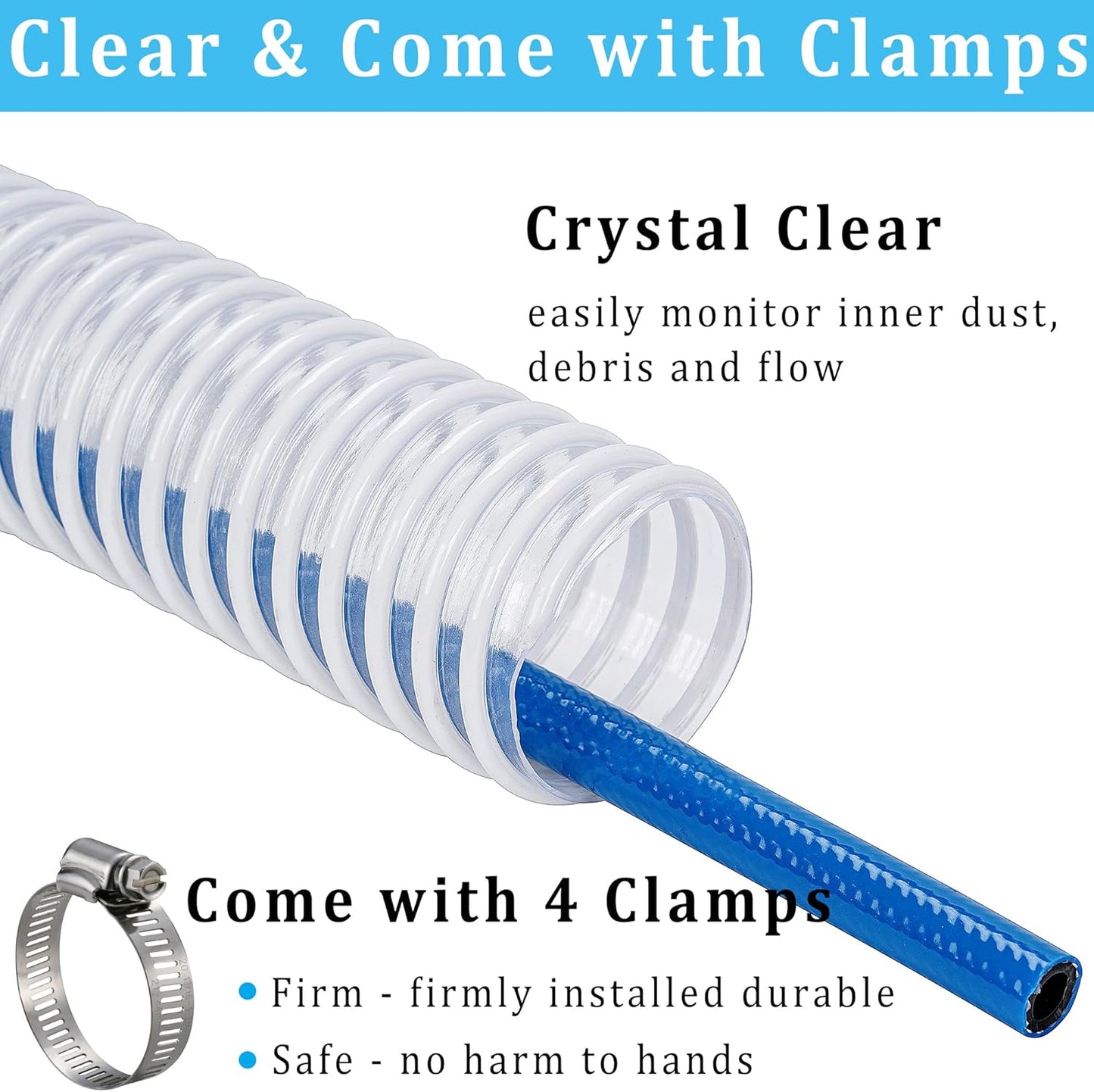 Dust Collection Hose 2 in × 5 ft Heavy Duty Clear Flexible PVC Reinforced Thicken Helix Suction Discharge Corrugated Pipe Tubing Hose for Fume Dust Collector Fitting Wood Chip Saw