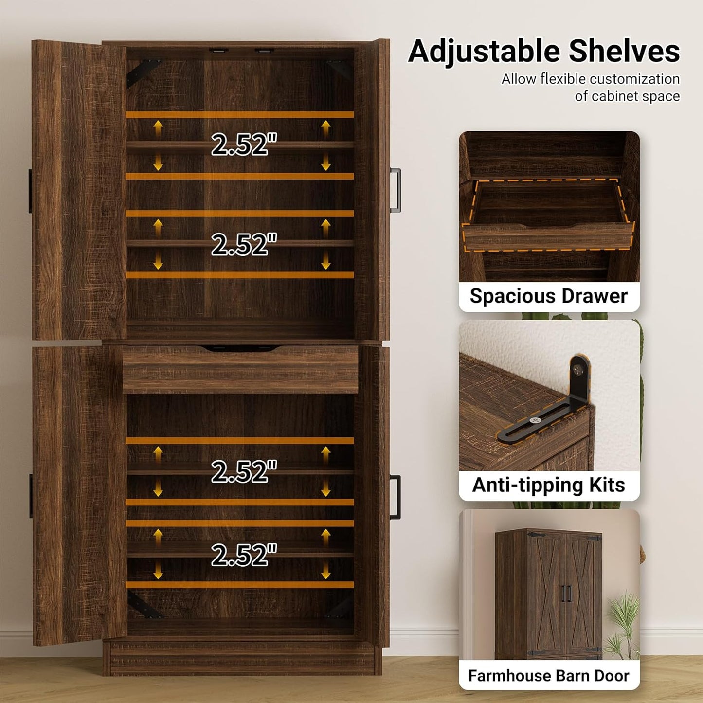 Unikito Kitchen Pantry Cabinet with Farmhouse Barn Doors and Storage Drawer, 8 Adjustable Shelves, Freestanding Tall 71" Cupboard for Dining Room, Living Room, Utility Room, Weathered Brown 2 Pack
