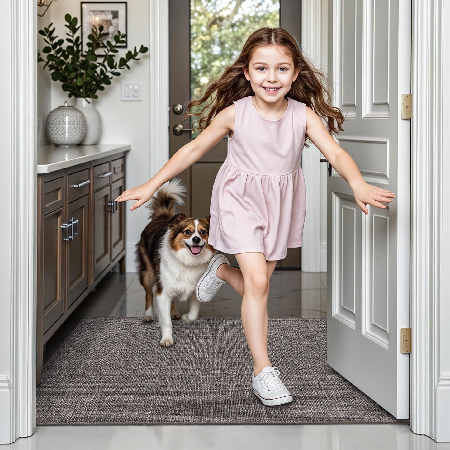 LUMI Ultra Thin Door Mat for Entryway, 24"x36" Low Profile Non Slip Rubber Backing Indoor Doormat, Easy Clean Welcome Entrance Mat for Inside House, Patio, Brown