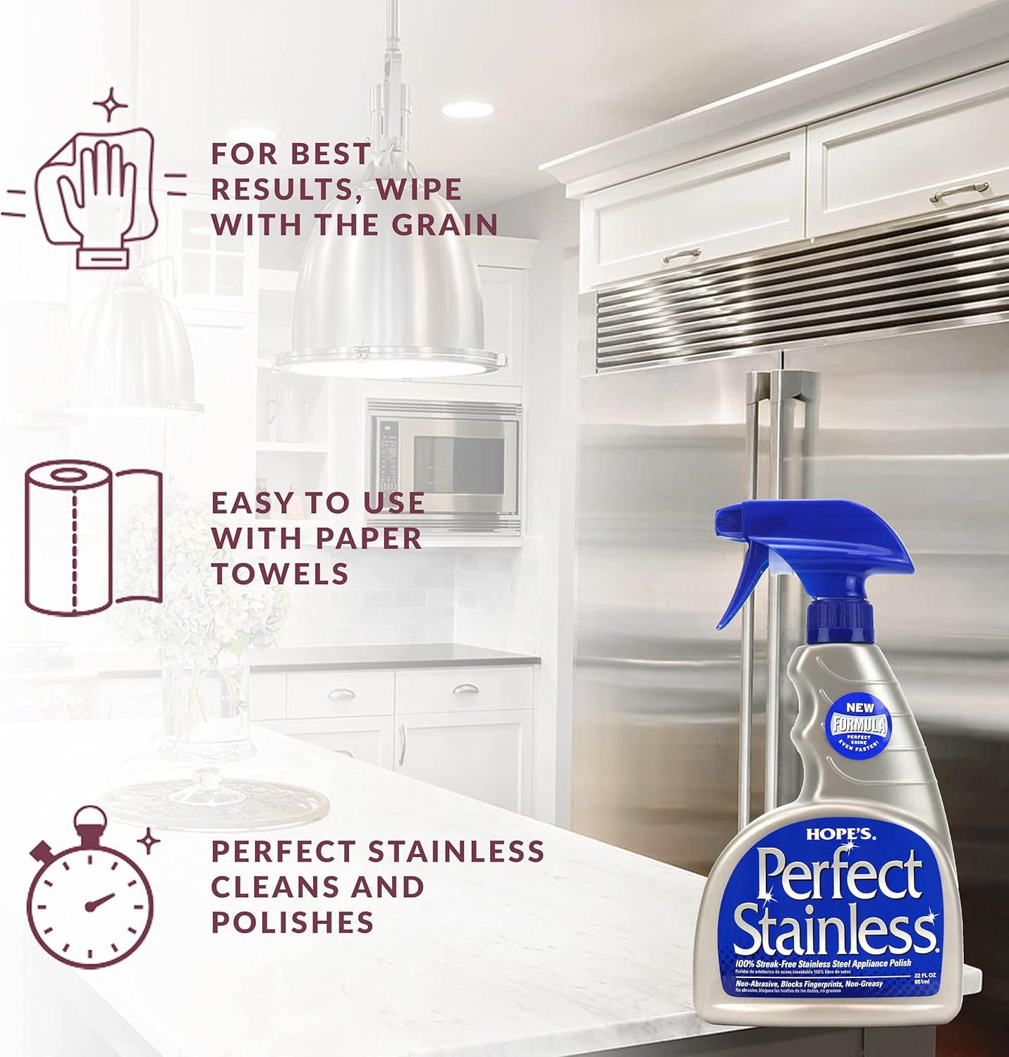 HOPE'S Perfect Stainless Steel Cleaner 22-Ounce, Streak-Free Self- Polishing Formula, Blocks Fingerprints, Pack of 2, 44 Fl Oz