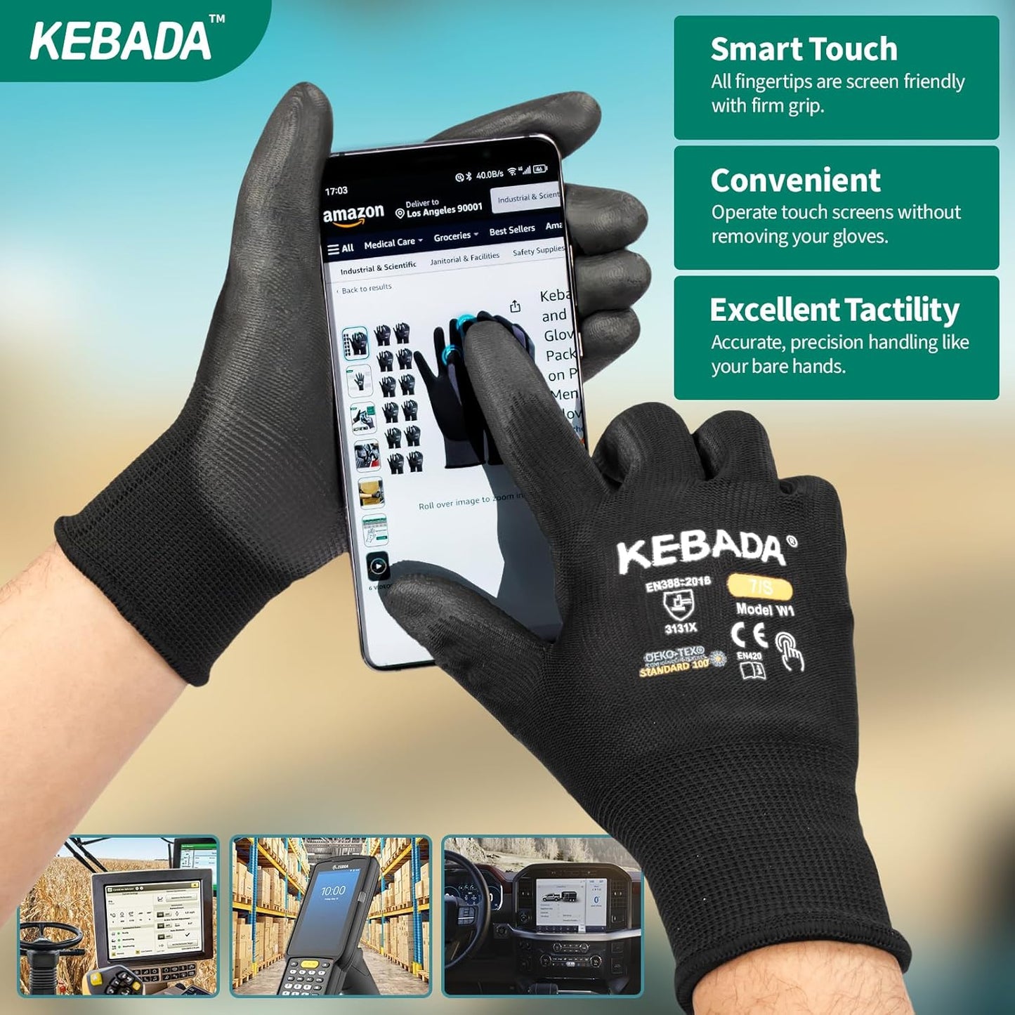 Kebada W1 Work Gloves for Men and Women, PU Coated Safety Gloves with Grip, Touchscreen, Ideal for Warehouse Package Handling, Construction, Gardening, Black XX-Large