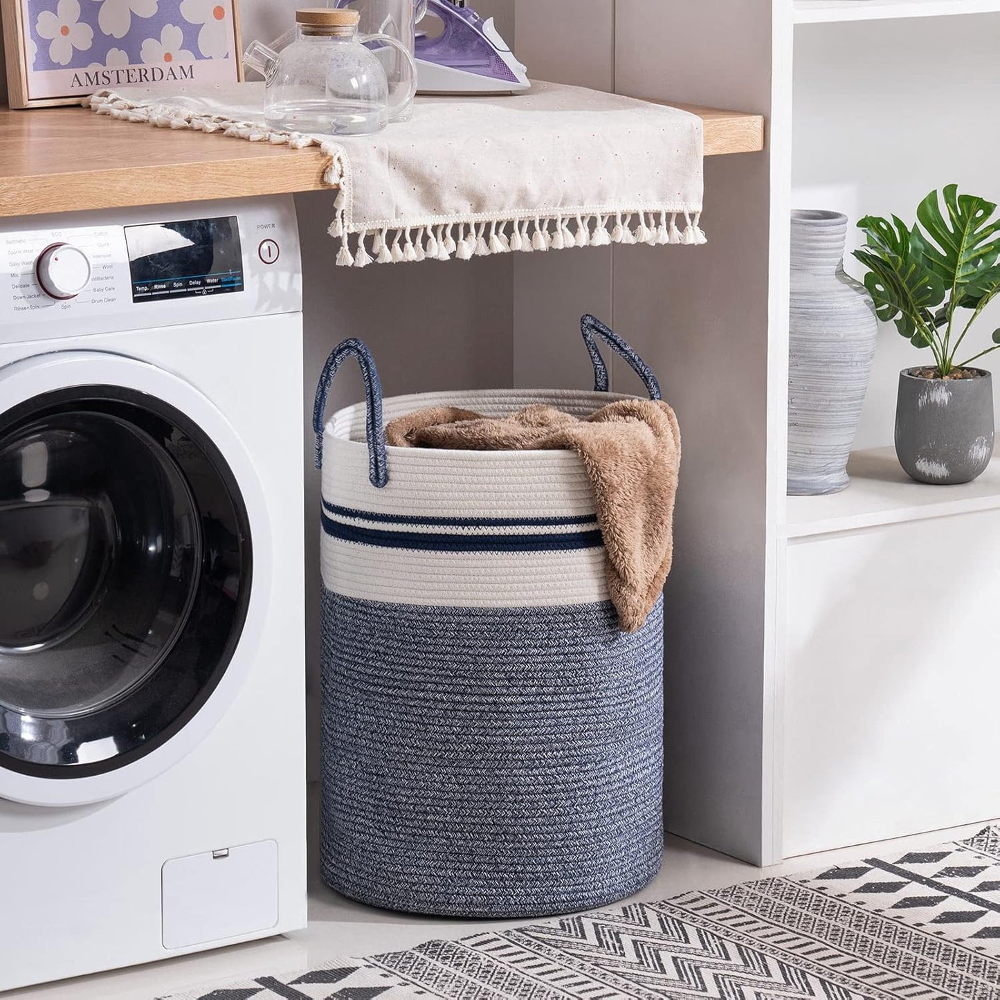 YOUDENOVA Woven Rope Laundry Hamper Basket, 72L Tall Laundry Basket, Baby Nursery Hamper for Blanket Storage in Bedroom-Large-Blue
