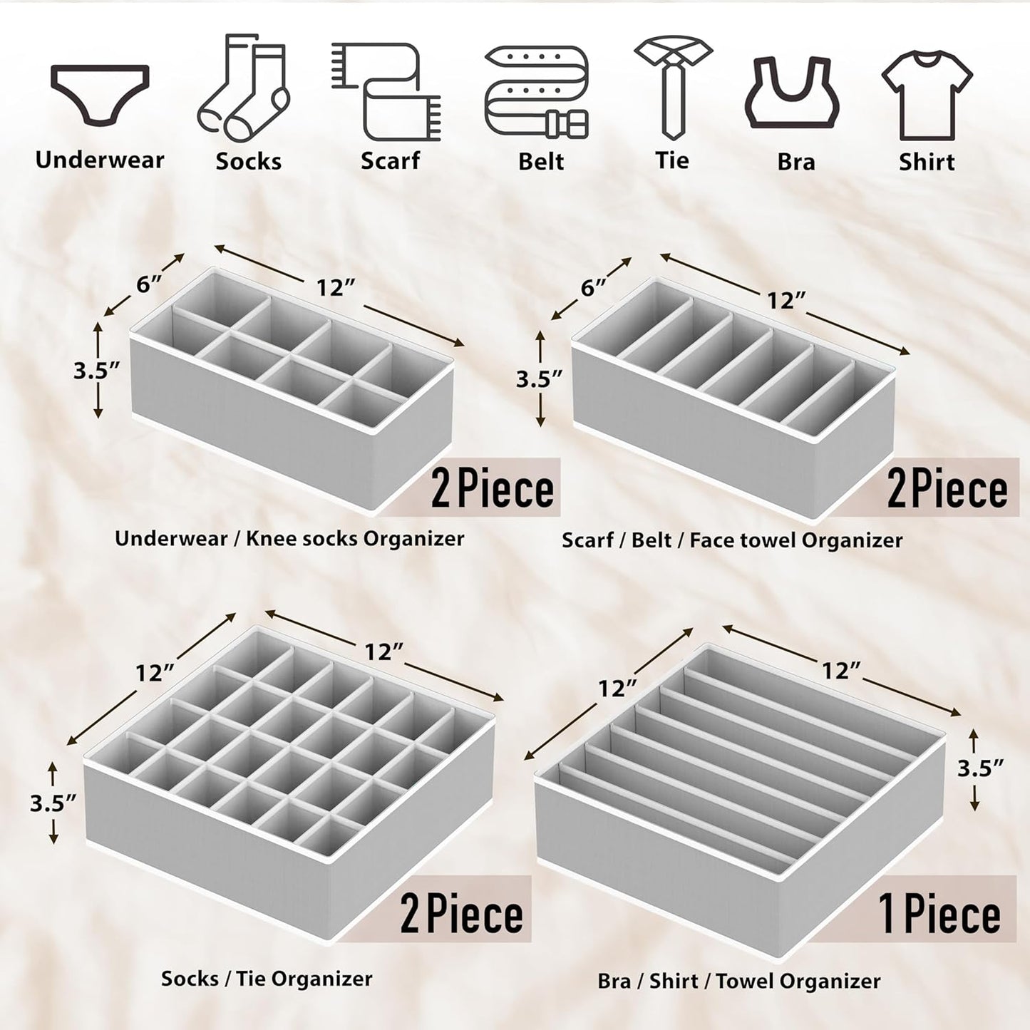 SIMPLE HOUSEWARE Closet Underwear Organizer Drawer Divider Assorted 7 Pieces, Gray
