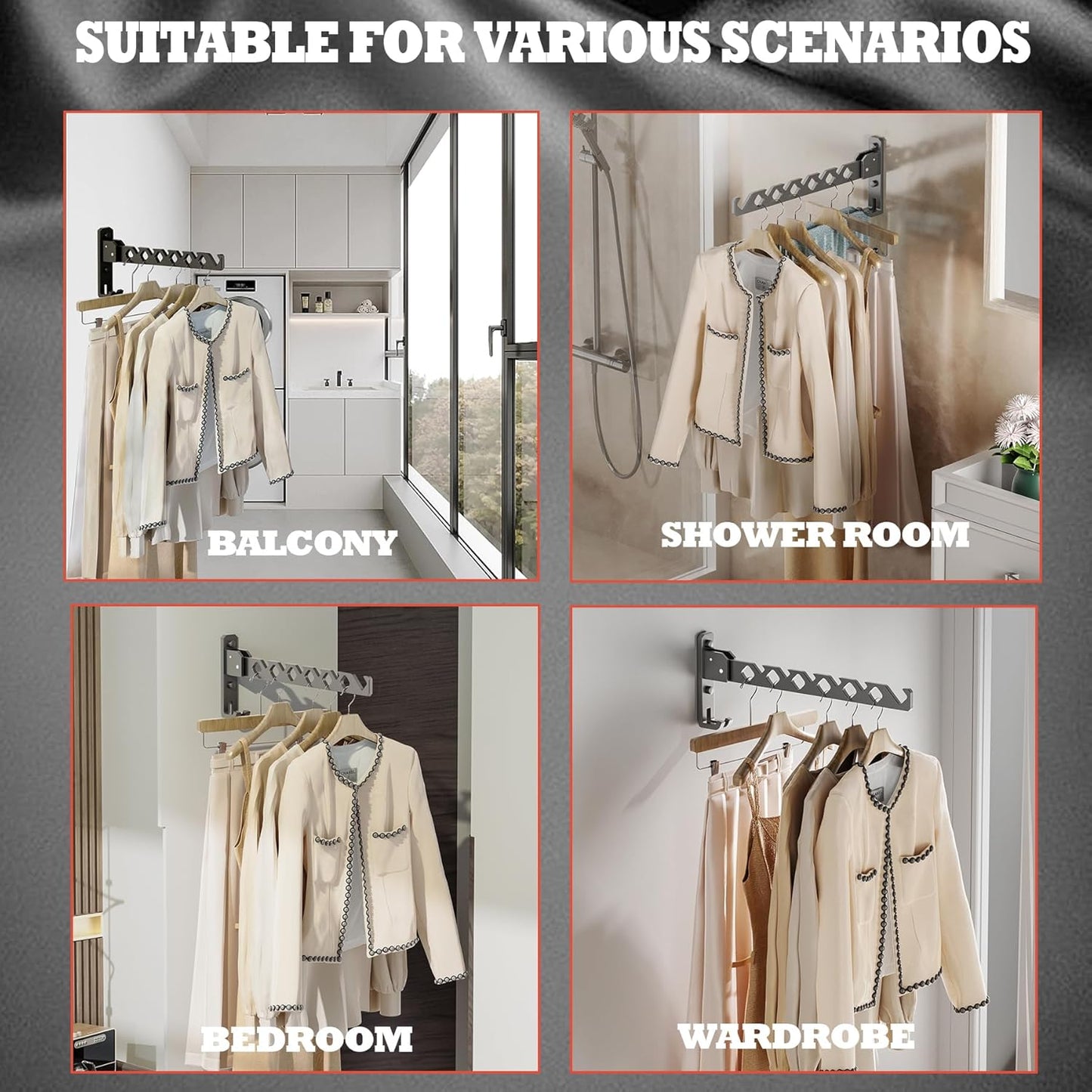 Dr.DJ Wall Mount Coat Hanger Holder Black Clothes Drying Organizer Rack Garment Hooks Aluminium Retractable Folding Indoor Wall Mounted Hanger for Laundry Room Bedroom Black 2Pack with 80cm Rod